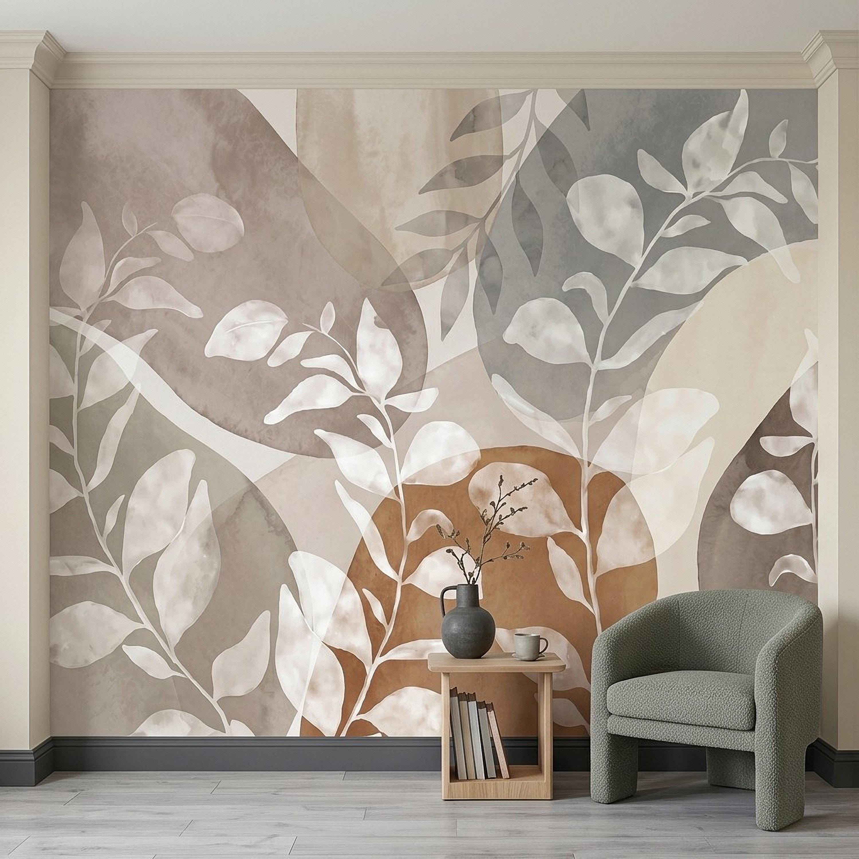 Abstract Botanical Peel and Stick Wall Mural, Neutral Watercolor Leaves, Organic Geometric Shapes, Modern Beige Wallpaper