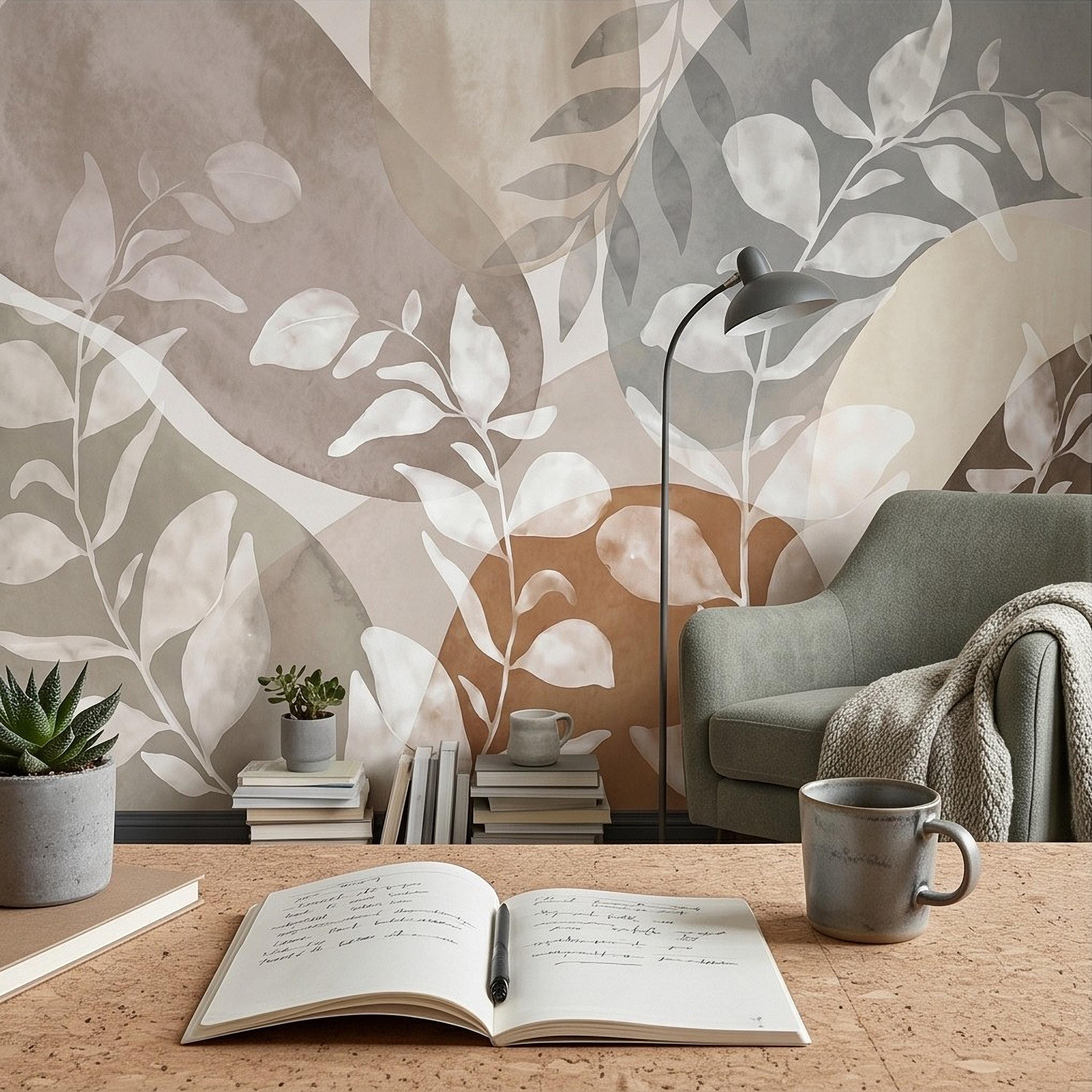 Abstract Botanical Peel and Stick Wall Mural, Neutral Watercolor Leaves, Organic Geometric Shapes, Modern Beige Wallpaper