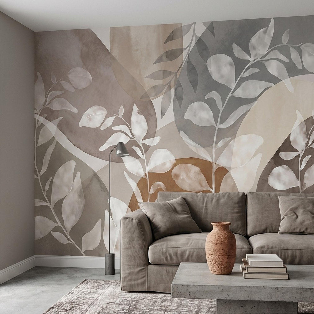 Abstract Botanical Peel and Stick Wall Mural, Neutral Watercolor Leaves, Organic Geometric Shapes, Modern Beige Wallpaper