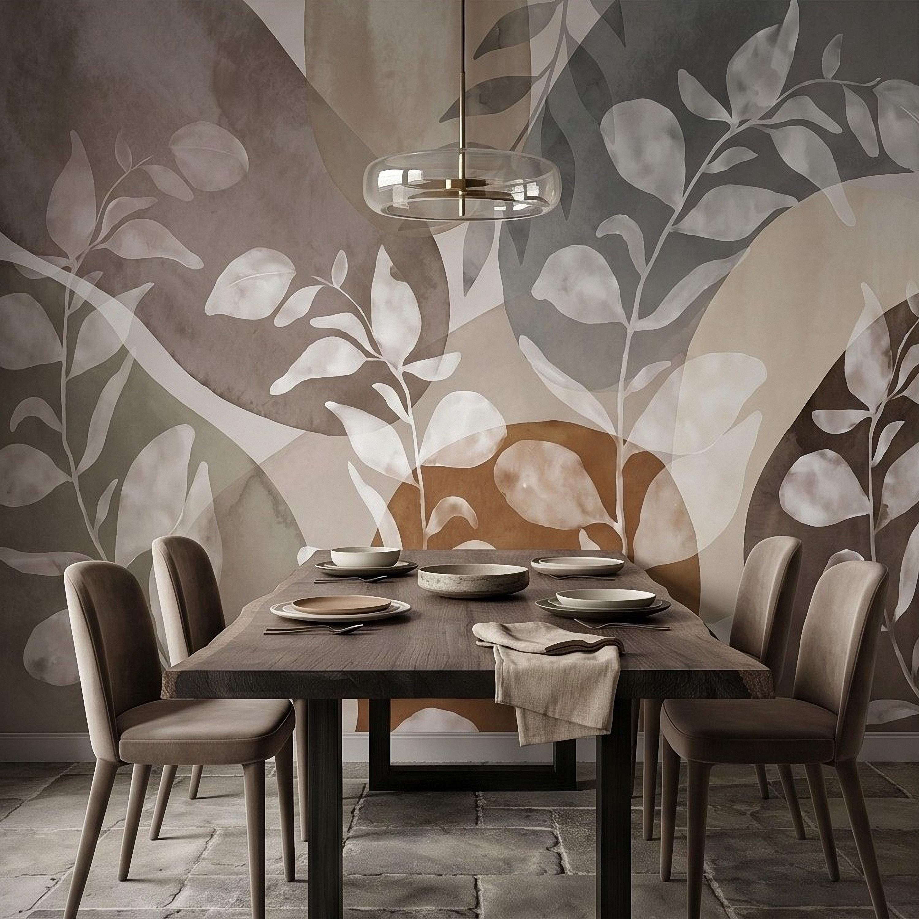 Abstract Botanical Peel and Stick Wall Mural, Neutral Watercolor Leaves, Organic Geometric Shapes, Modern Beige Wallpaper