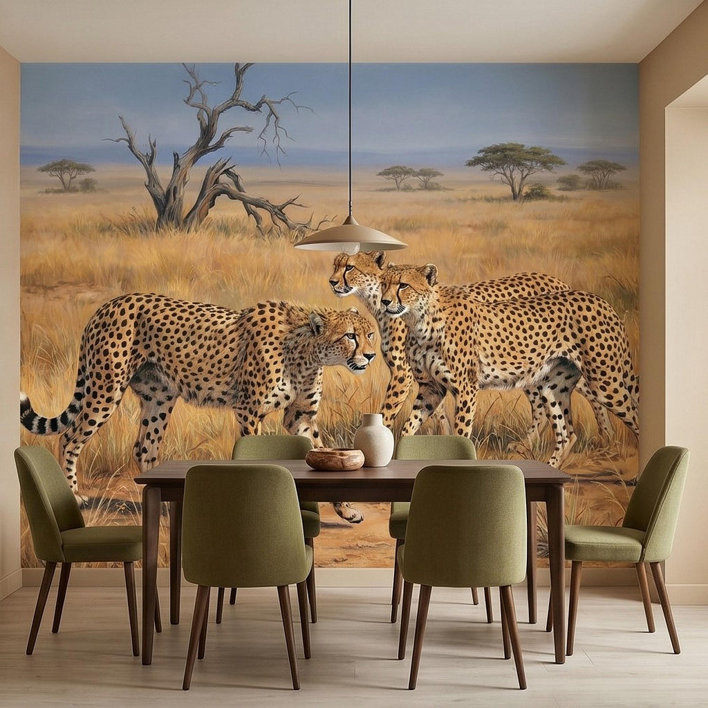Cheetah Safari Peel and Stick Wall Mural, African Savanna Wildlife, Golden Grassland Cheetahs Wallpaper