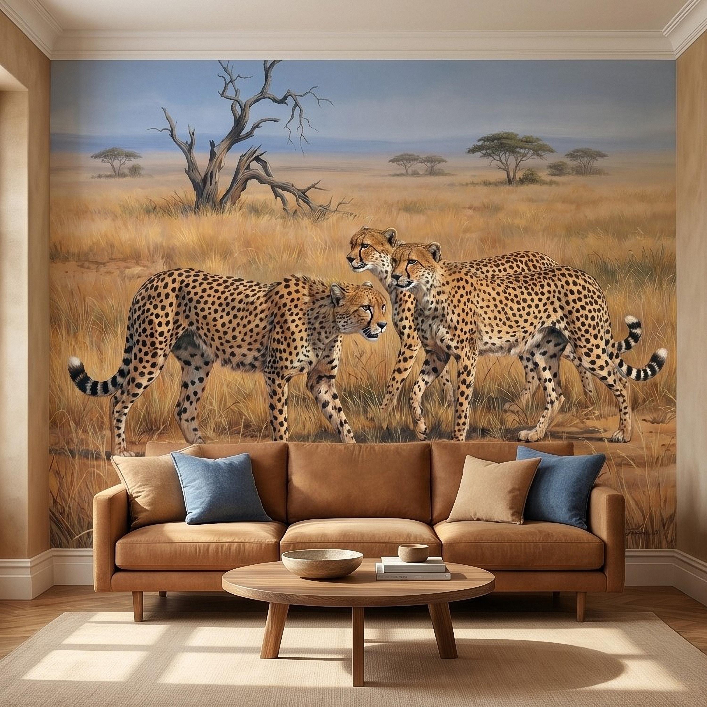 Cheetah Safari Peel and Stick Wall Mural, African Savanna Wildlife, Golden Grassland Cheetahs Wallpaper