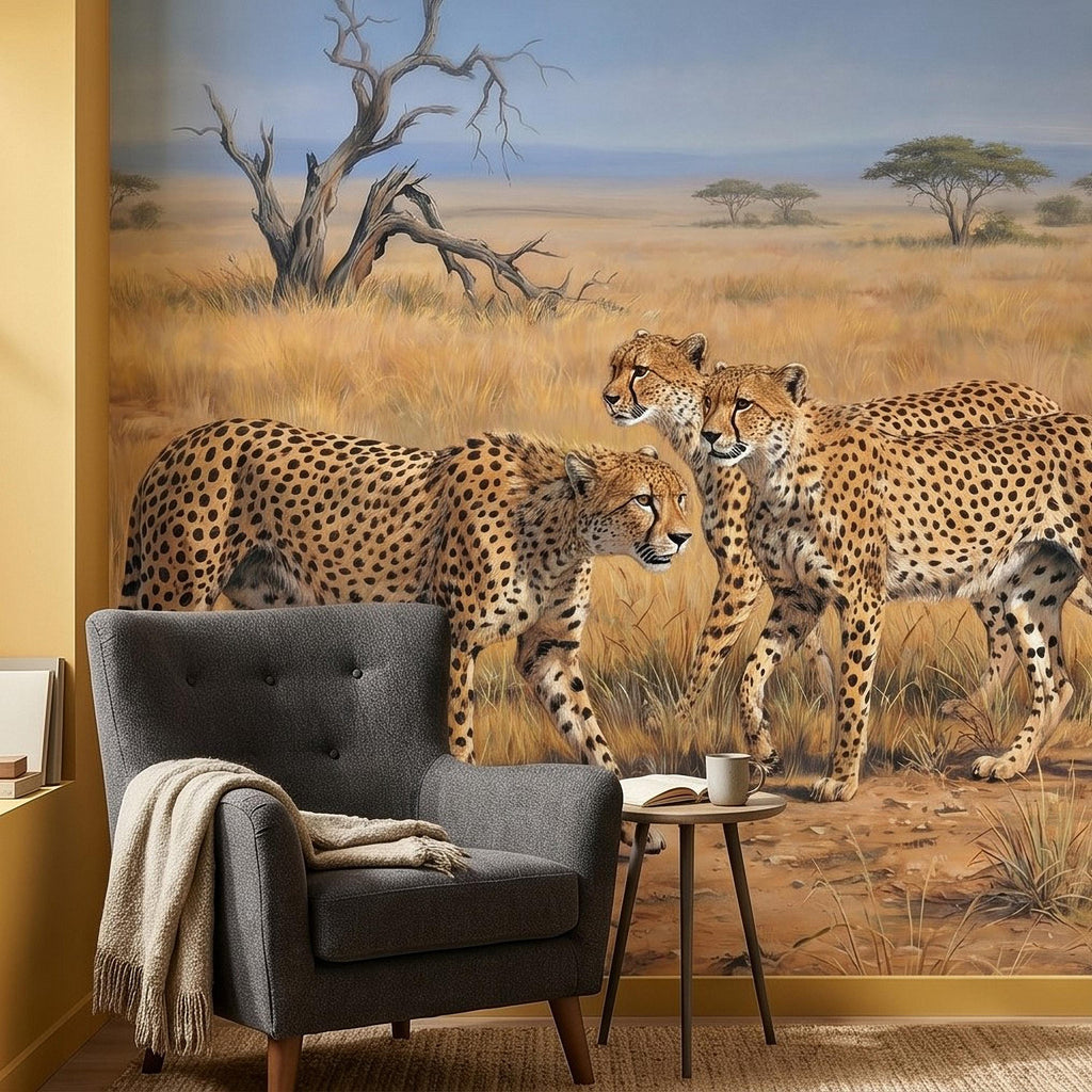 Cheetah Safari Peel and Stick Wall Mural, African Savanna Wildlife, Golden Grassland Cheetahs Wallpaper