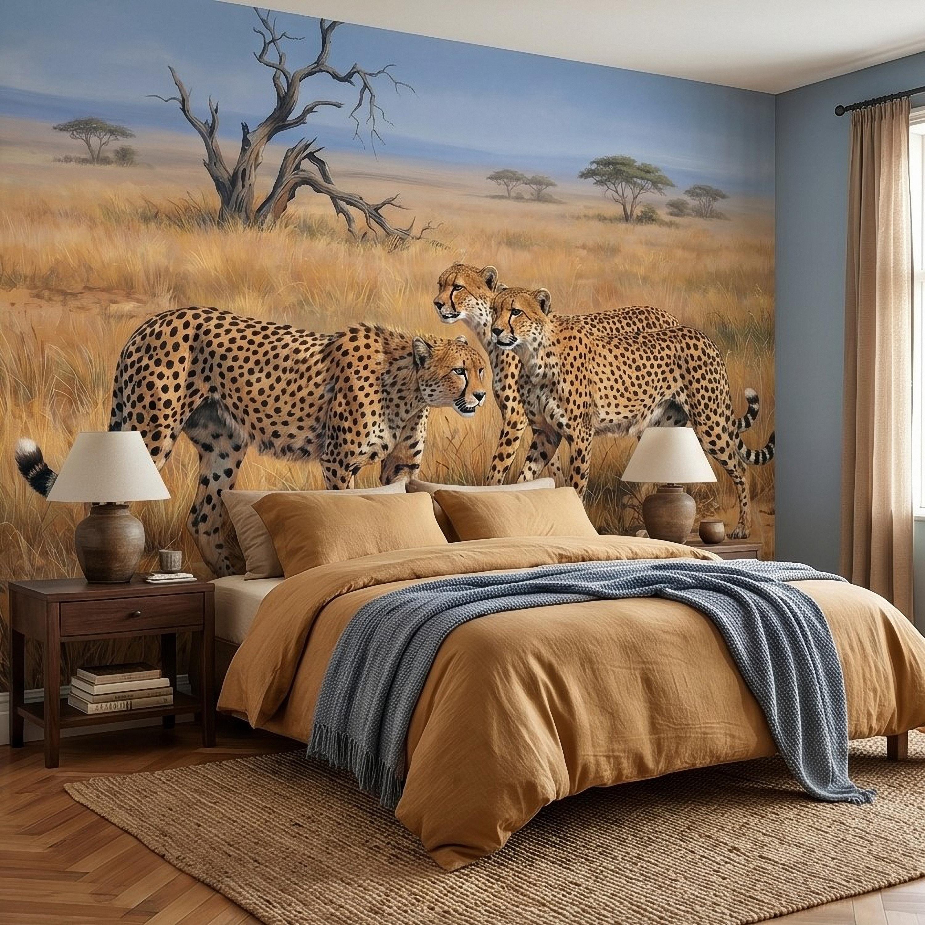 Cheetah Safari Peel and Stick Wall Mural, African Savanna Wildlife, Golden Grassland Cheetahs Wallpaper