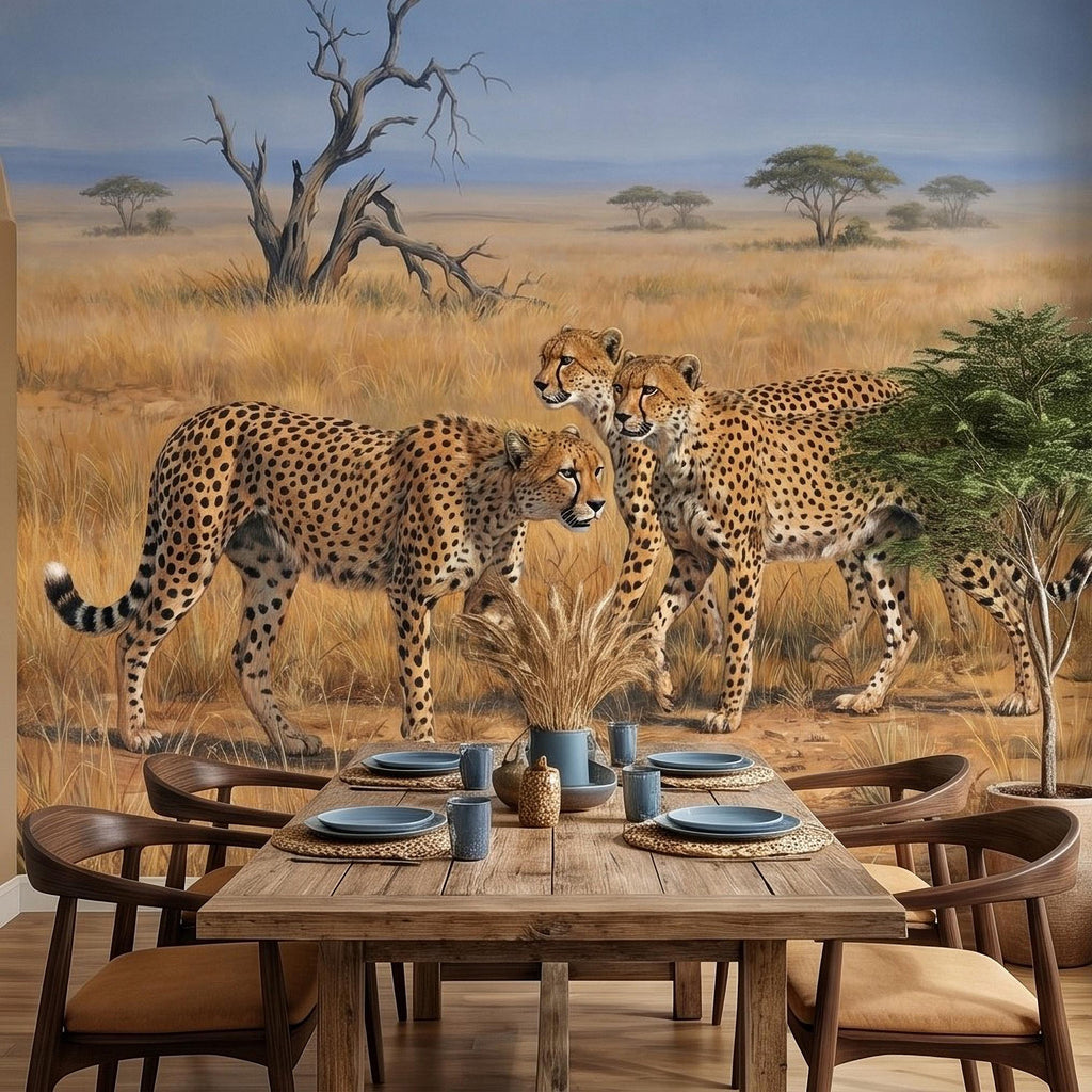 Cheetah Safari Peel and Stick Wall Mural, African Savanna Wildlife, Golden Grassland Cheetahs Wallpaper