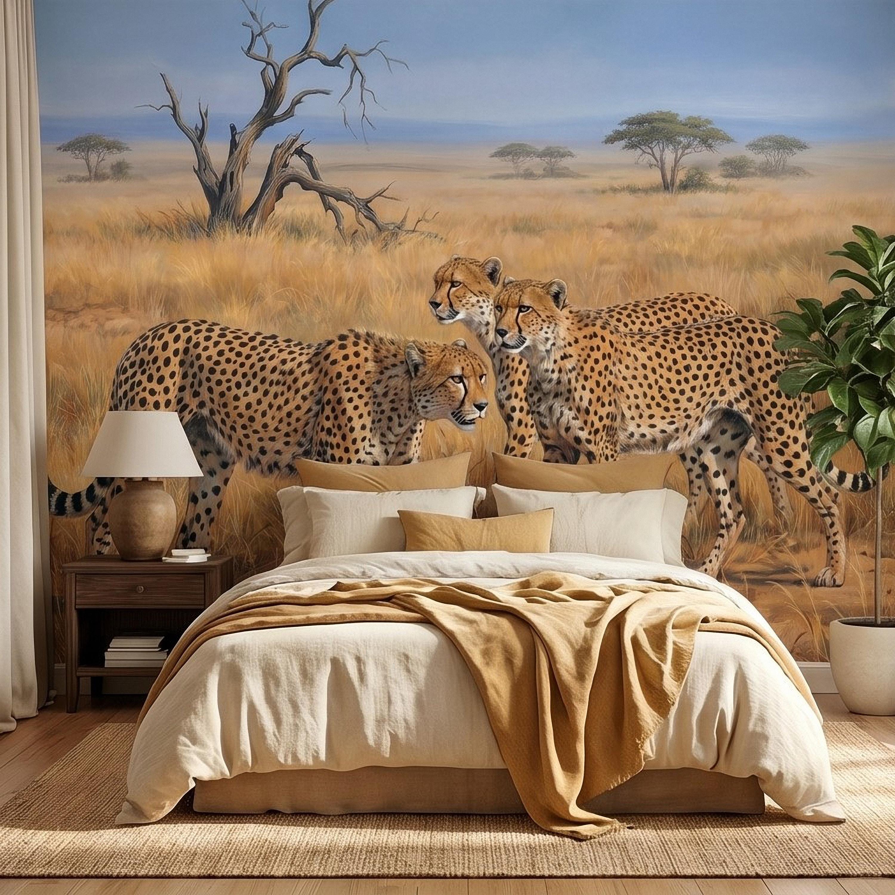Cheetah Safari Peel and Stick Wall Mural, African Savanna Wildlife, Golden Grassland Cheetahs Wallpaper