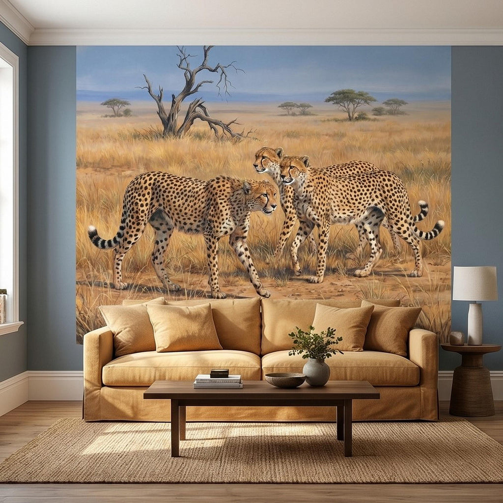 Cheetah Safari Peel and Stick Wall Mural, African Savanna Wildlife, Golden Grassland Cheetahs Wallpaper