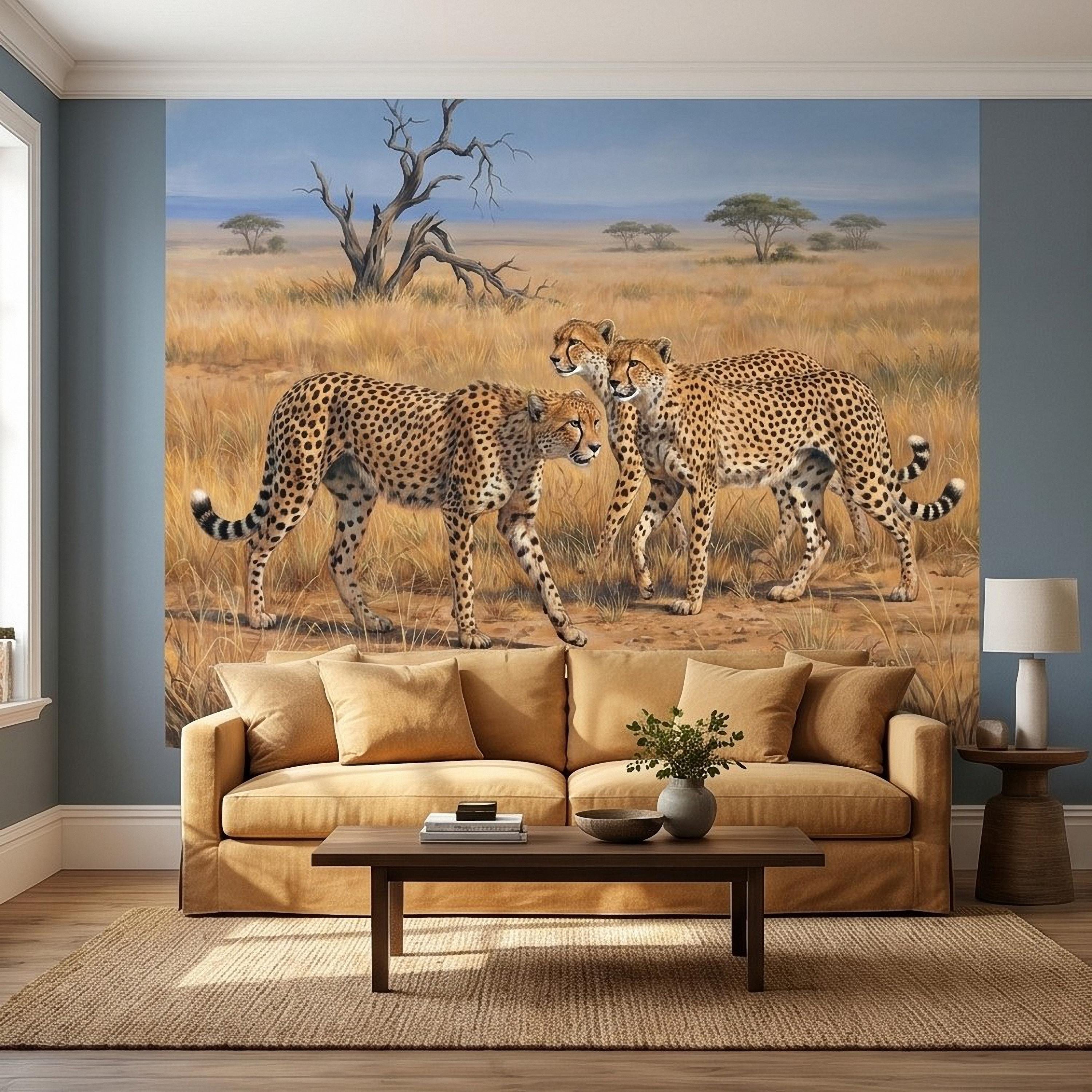 Cheetah Safari Peel and Stick Wall Mural, African Savanna Wildlife, Golden Grassland Cheetahs Wallpaper