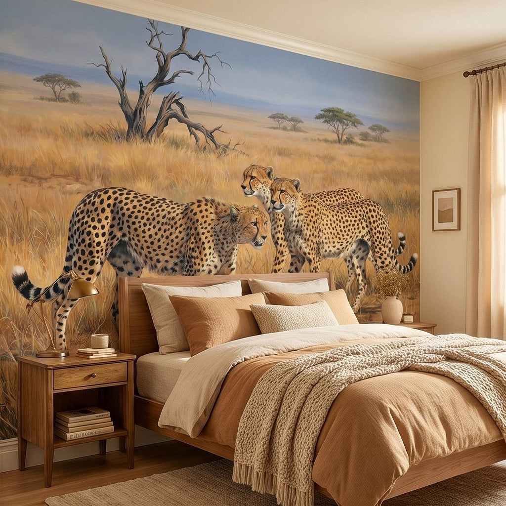 Cheetah Safari Peel and Stick Wall Mural, African Savanna Wildlife, Golden Grassland Cheetahs Wallpaper