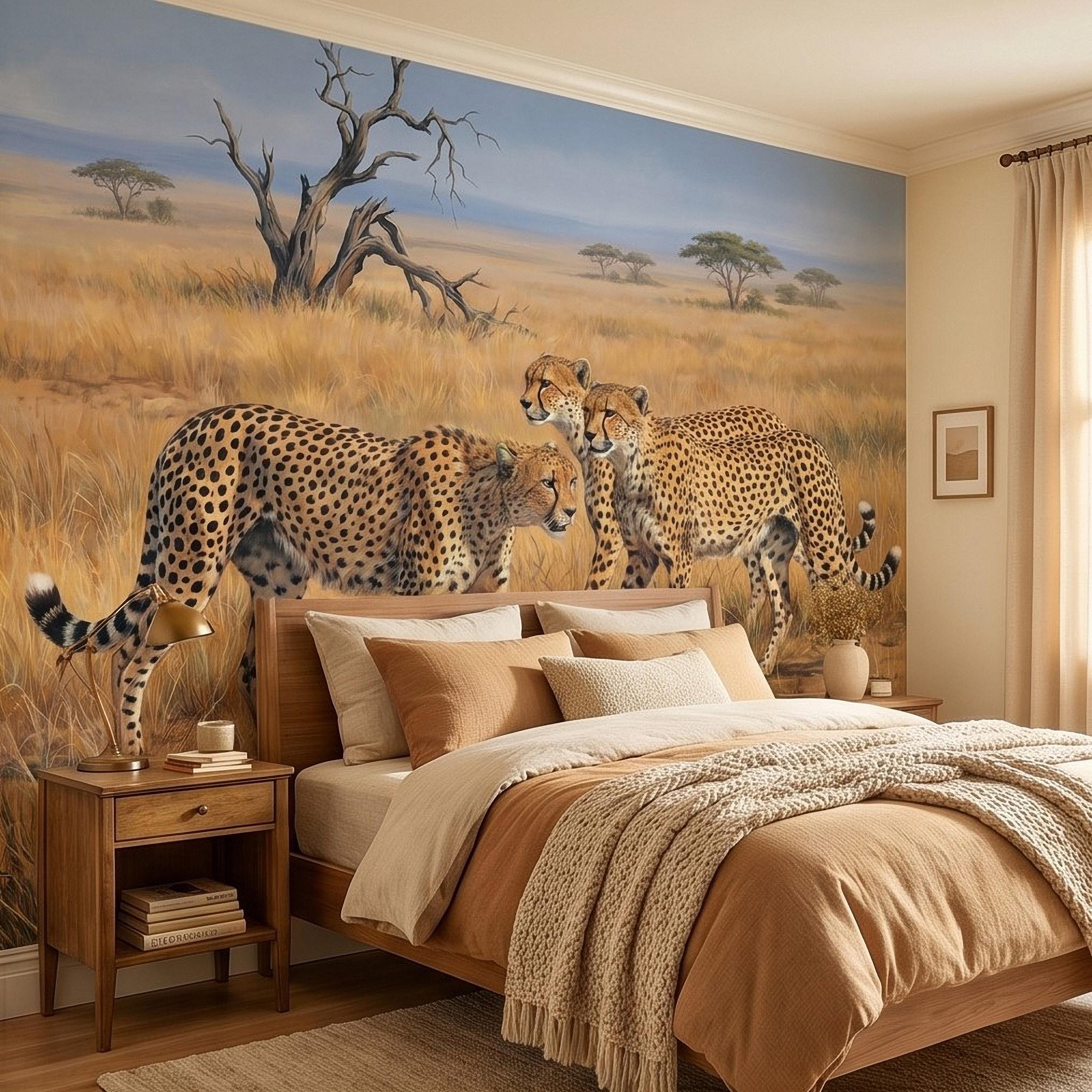 Cheetah Safari Peel and Stick Wall Mural, African Savanna Wildlife, Golden Grassland Cheetahs Wallpaper