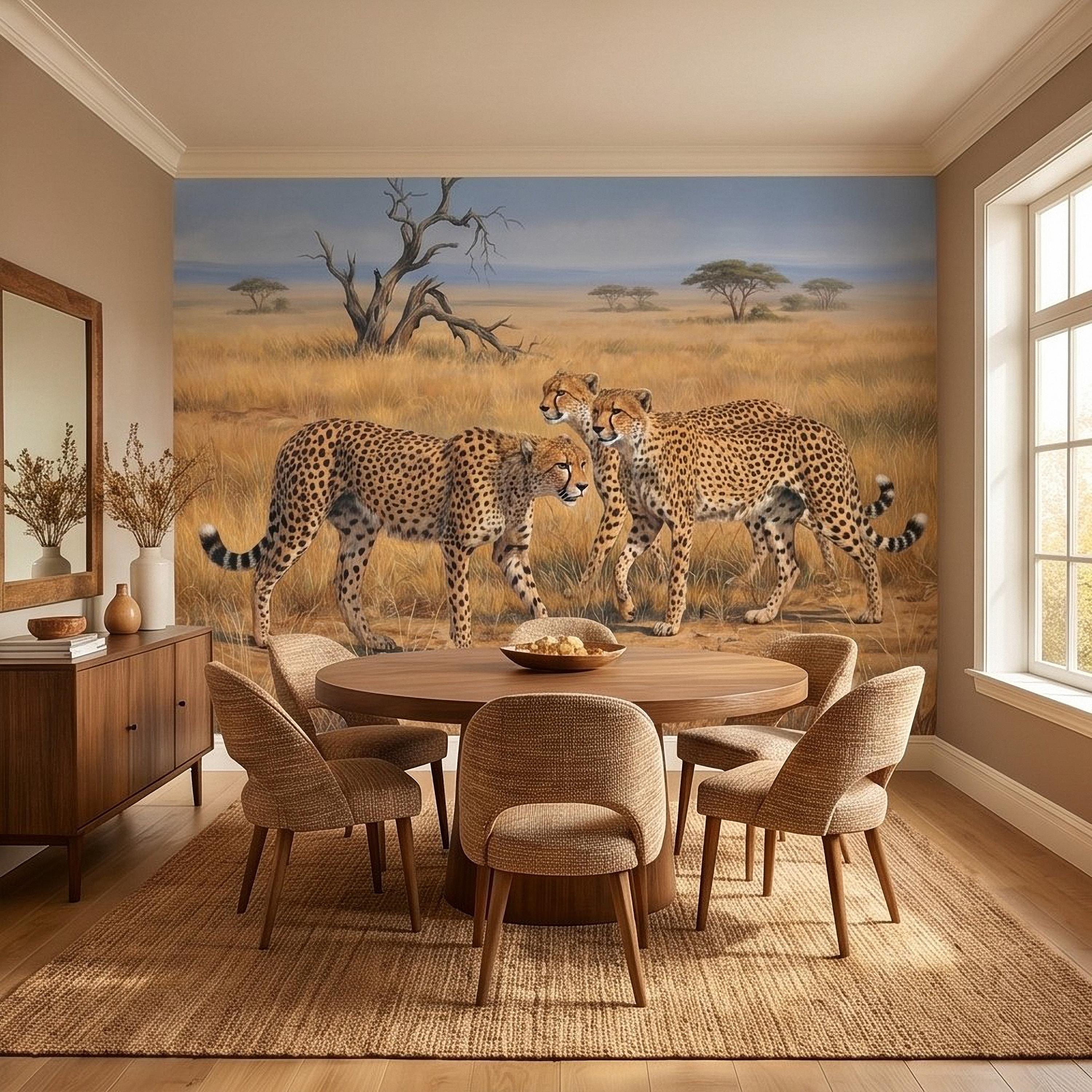 Cheetah Safari Peel and Stick Wall Mural, African Savanna Wildlife, Golden Grassland Cheetahs Wallpaper
