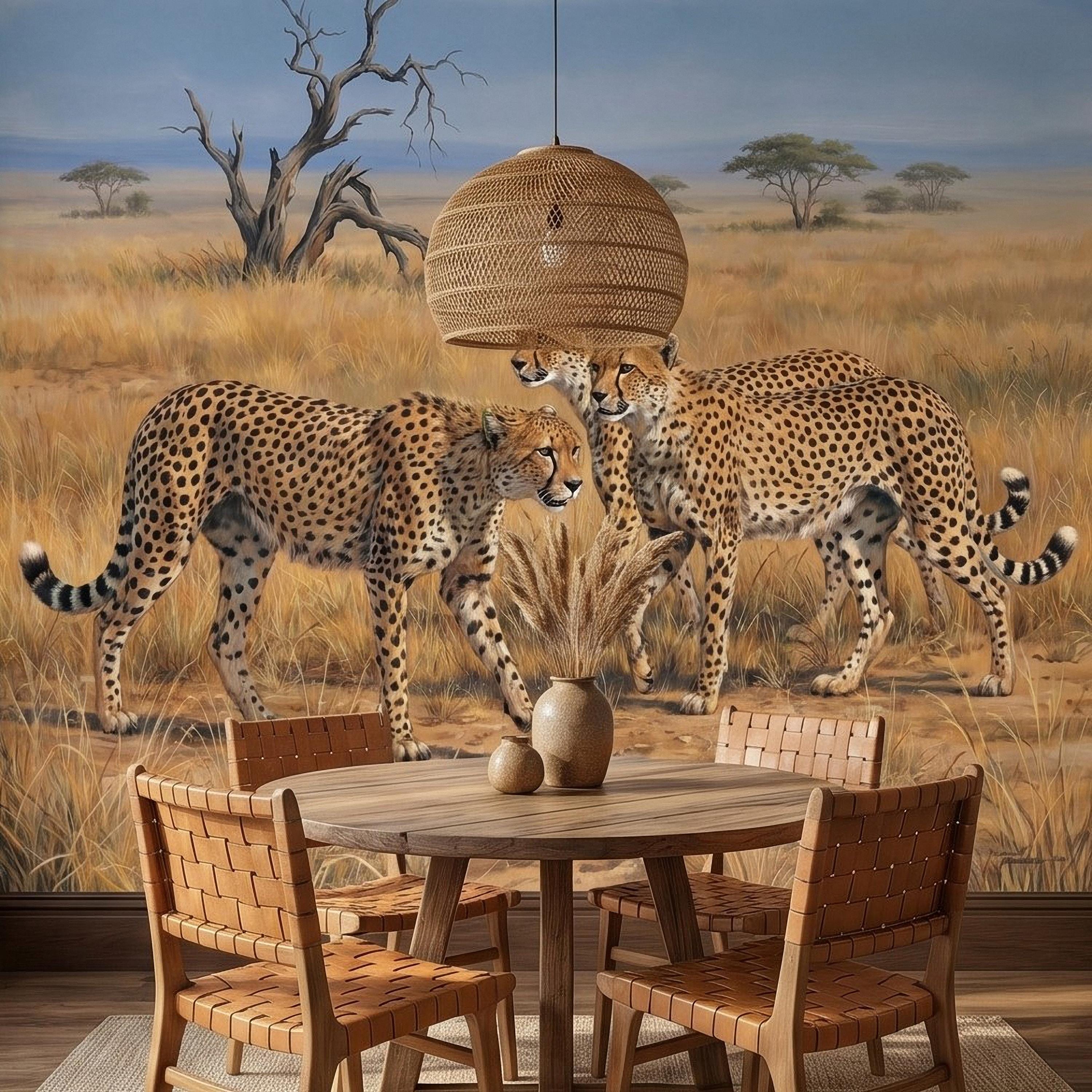 Cheetah Safari Peel and Stick Wall Mural, African Savanna Wildlife, Golden Grassland Cheetahs Wallpaper