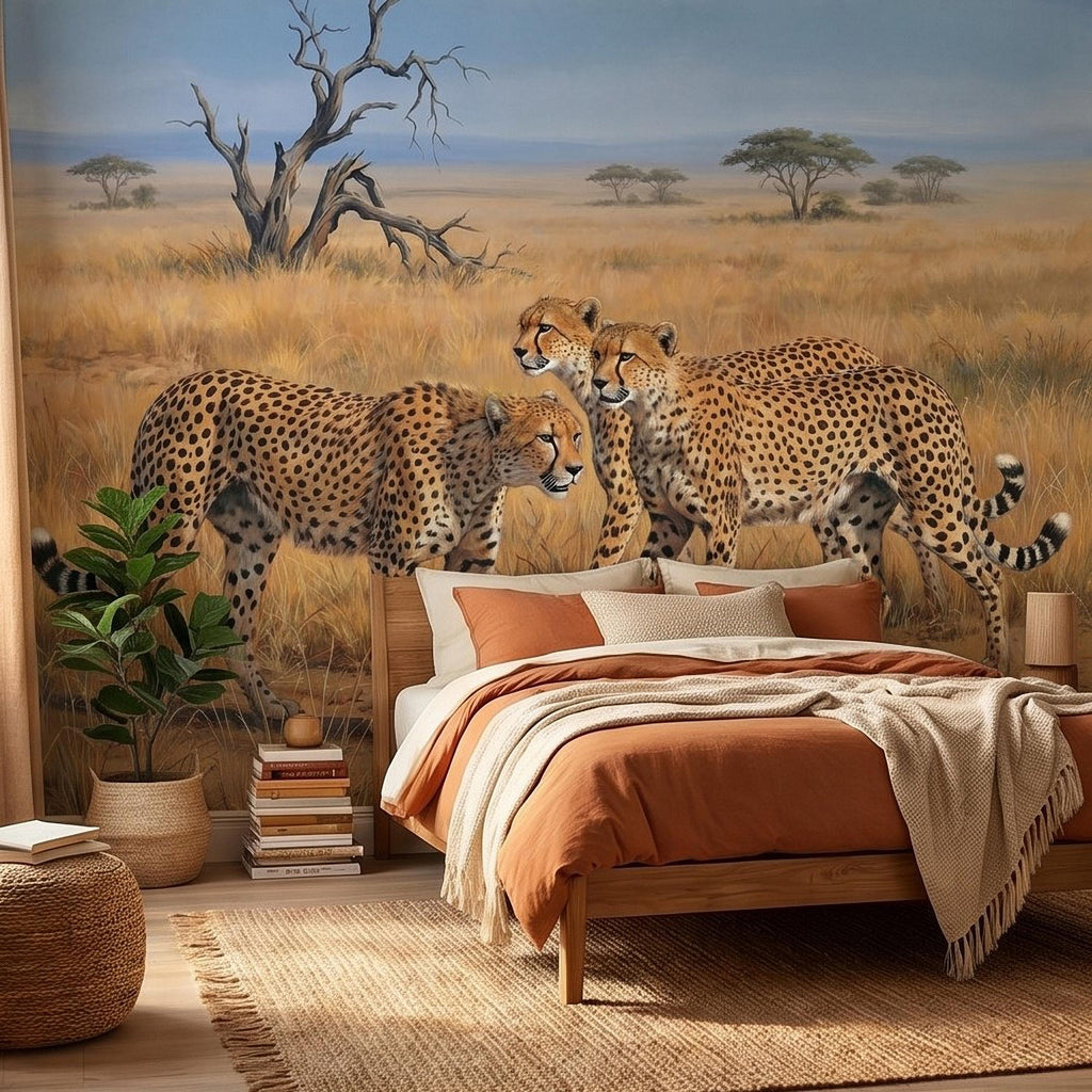 Cheetah Safari Peel and Stick Wall Mural, African Savanna Wildlife, Golden Grassland Cheetahs Wallpaper