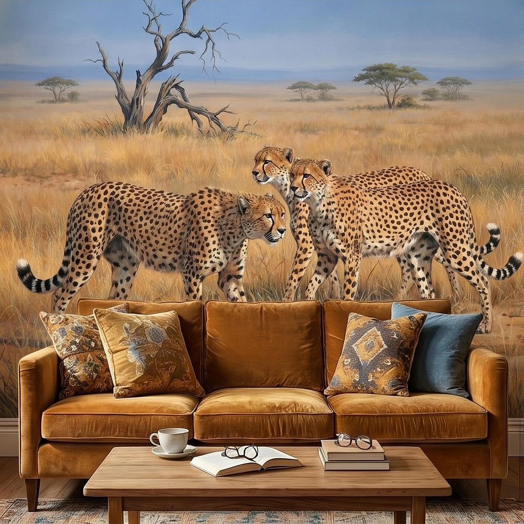 Cheetah Safari Peel and Stick Wall Mural, African Savanna Wildlife, Golden Grassland Cheetahs Wallpaper