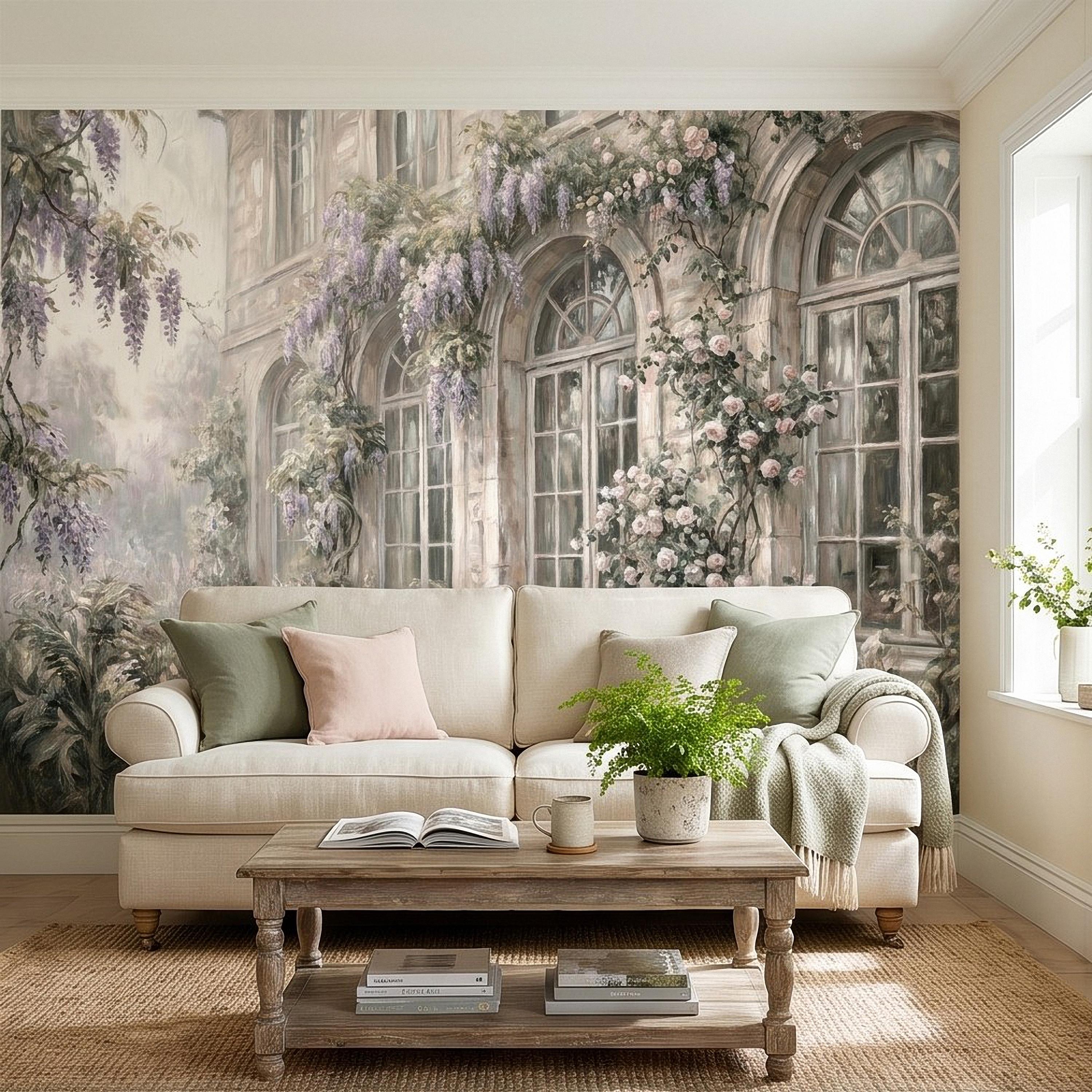 Vintage Wisteria Blooming Stone Facade Peel and Stick Wall Mural, Arched French Windows, Climbing Roses Wallpaper