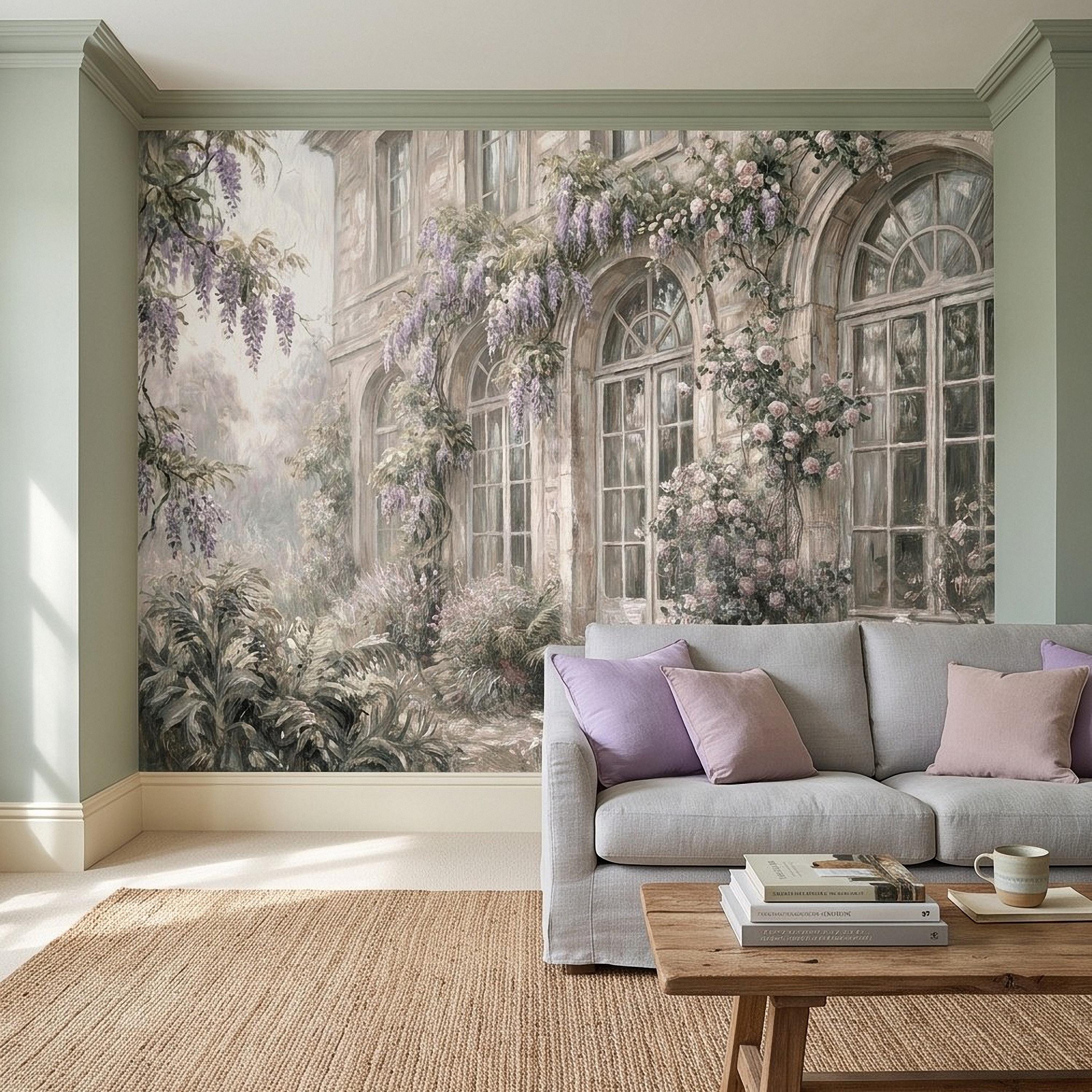 Vintage Wisteria Blooming Stone Facade Peel and Stick Wall Mural, Arched French Windows, Climbing Roses Wallpaper