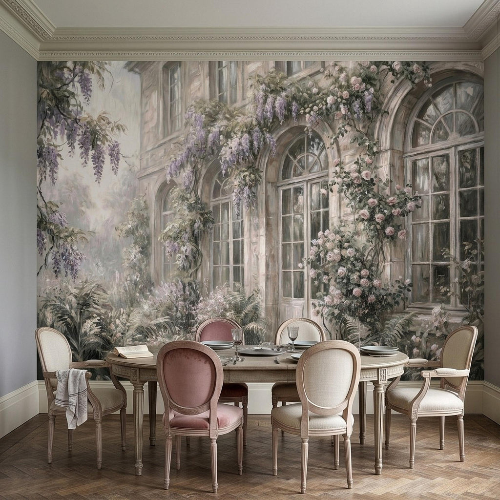 Vintage Wisteria Blooming Stone Facade Peel and Stick Wall Mural, Arched French Windows, Climbing Roses Wallpaper
