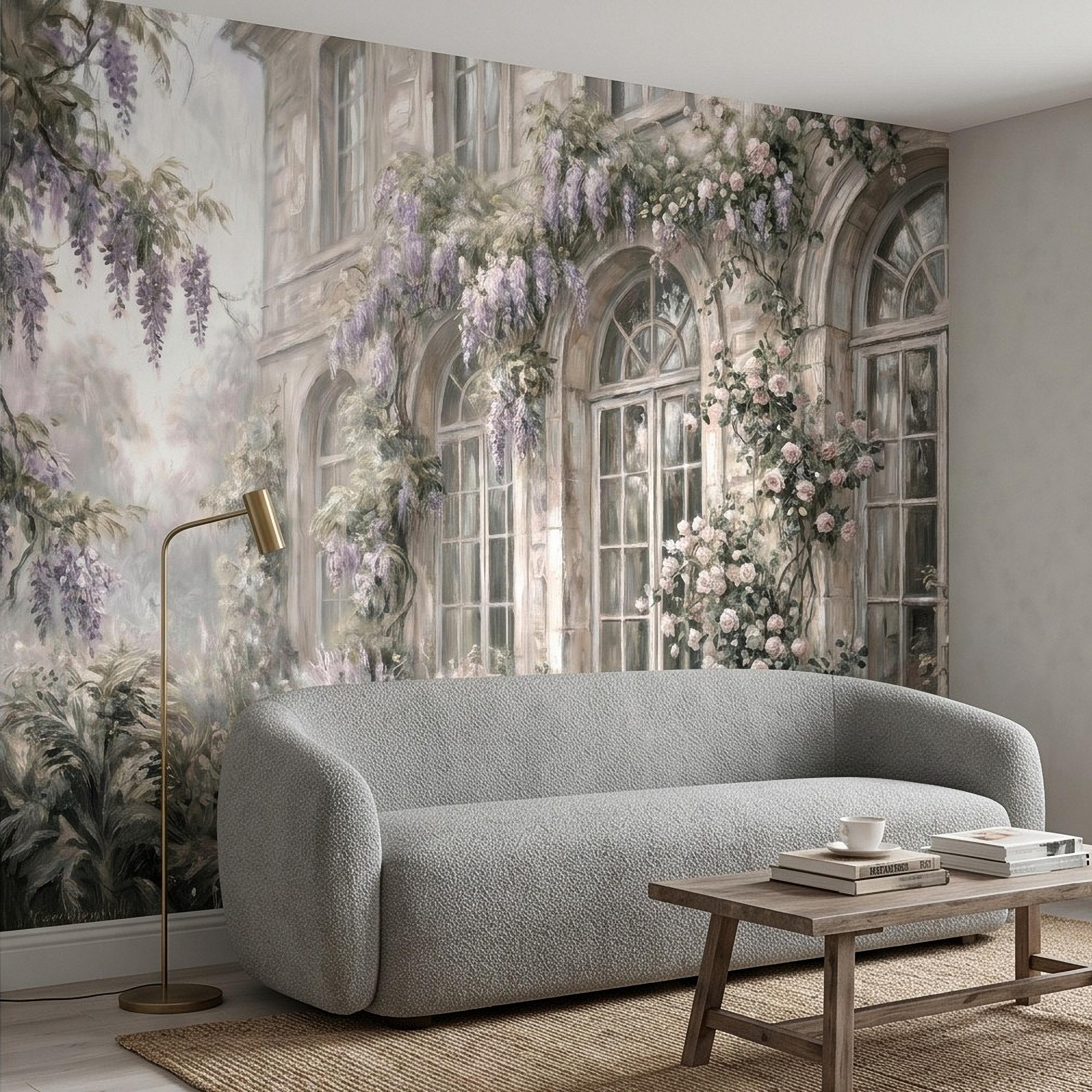 Vintage Wisteria Blooming Stone Facade Peel and Stick Wall Mural, Arched French Windows, Climbing Roses Wallpaper