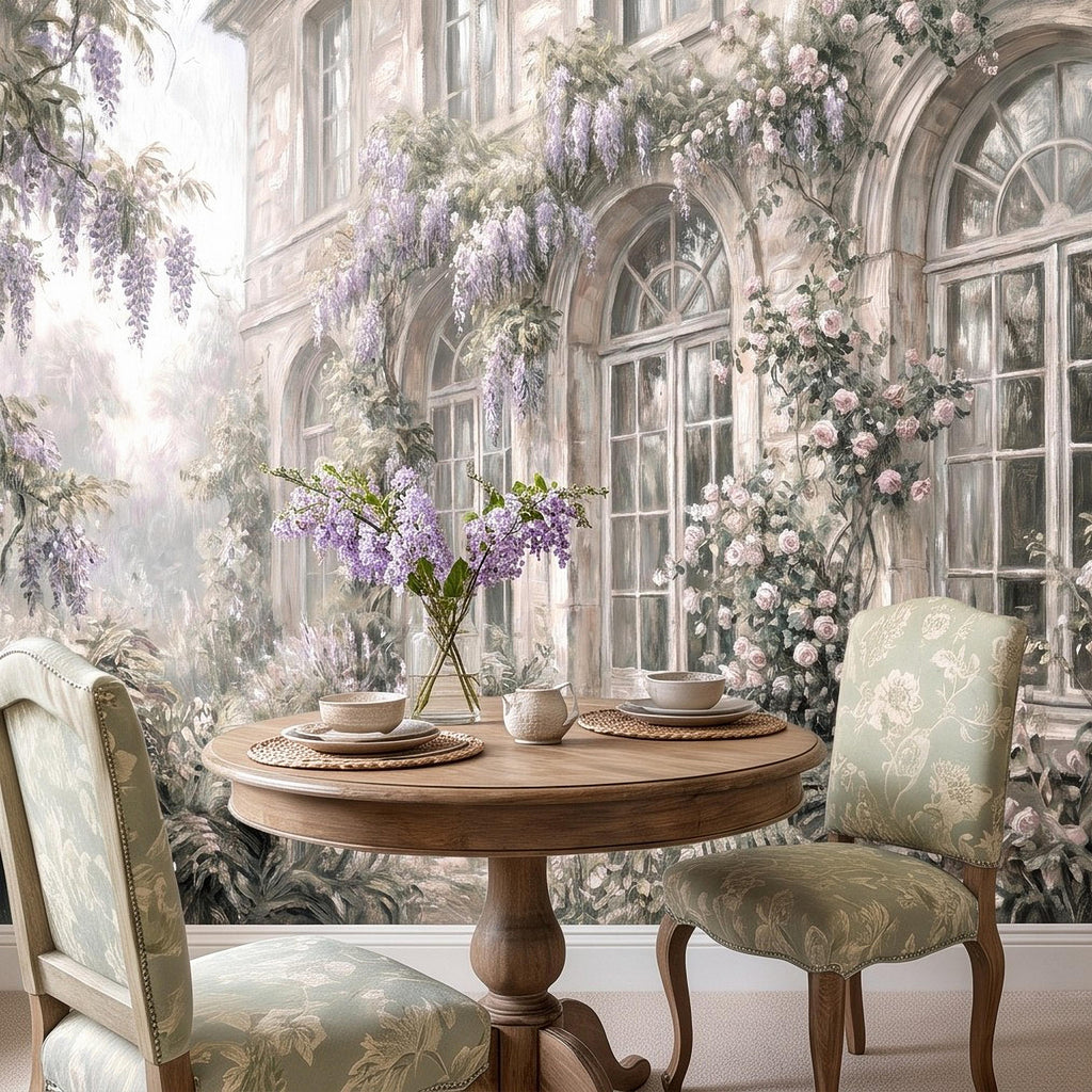 Vintage Wisteria Blooming Stone Facade Peel and Stick Wall Mural, Arched French Windows, Climbing Roses Wallpaper