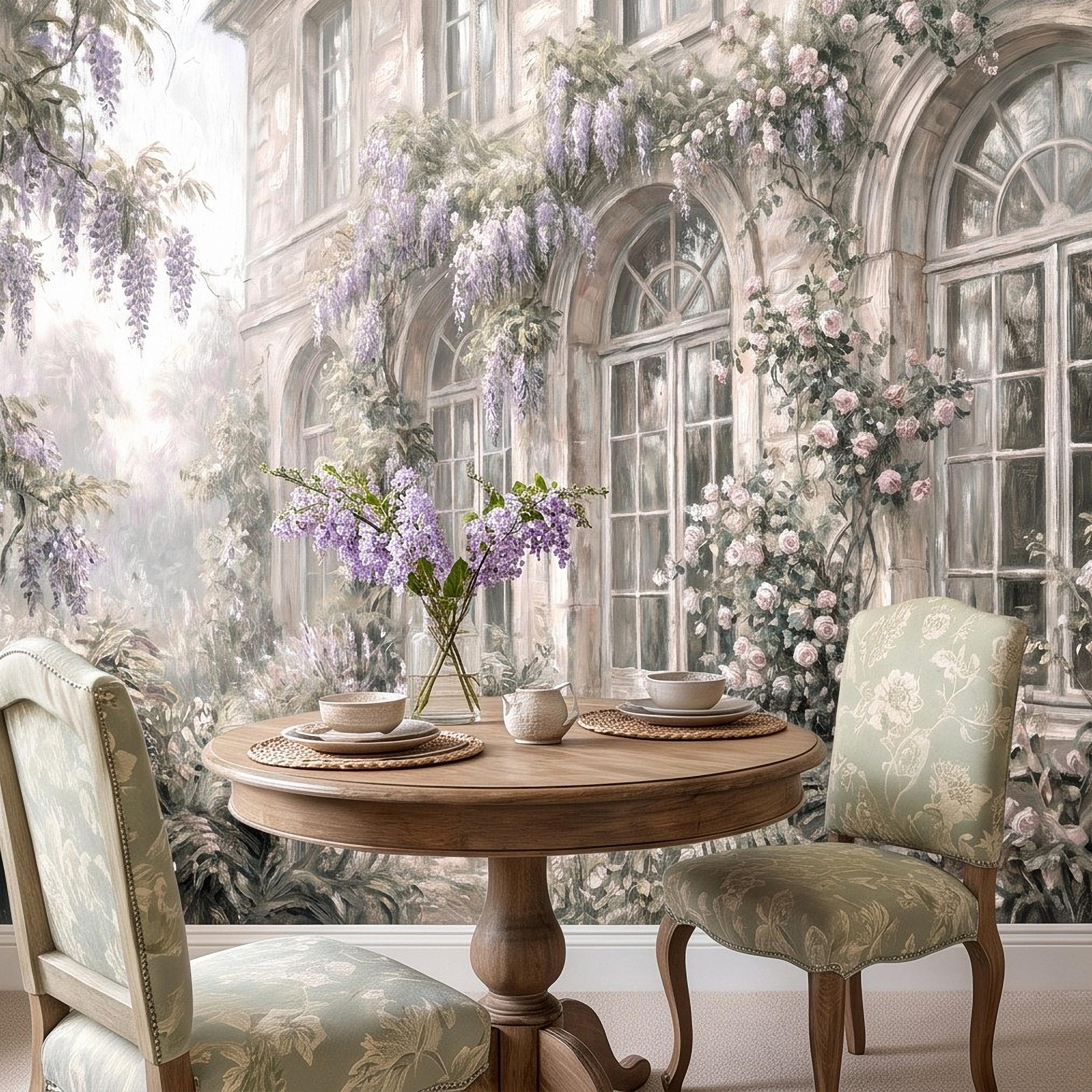 Vintage Wisteria Blooming Stone Facade Peel and Stick Wall Mural, Arched French Windows, Climbing Roses Wallpaper