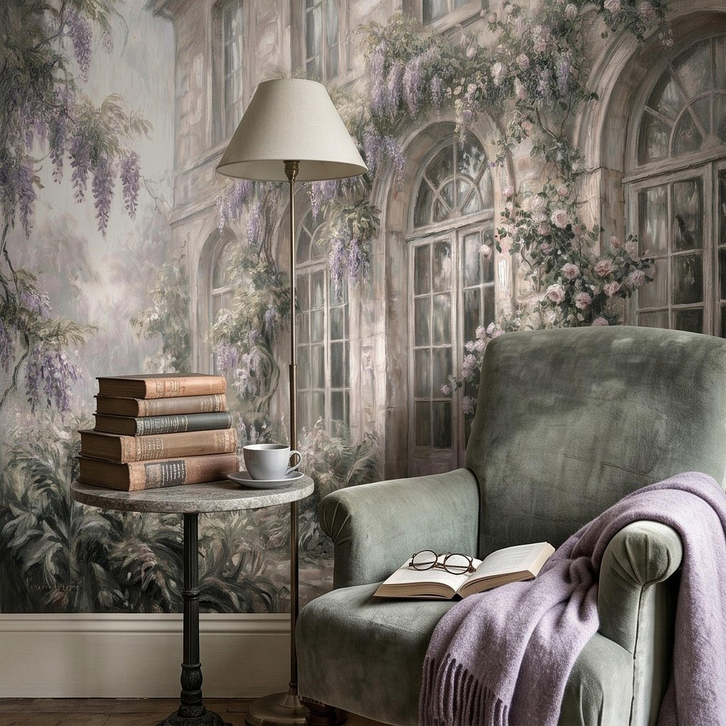 Vintage Wisteria Blooming Stone Facade Peel and Stick Wall Mural, Arched French Windows, Climbing Roses Wallpaper