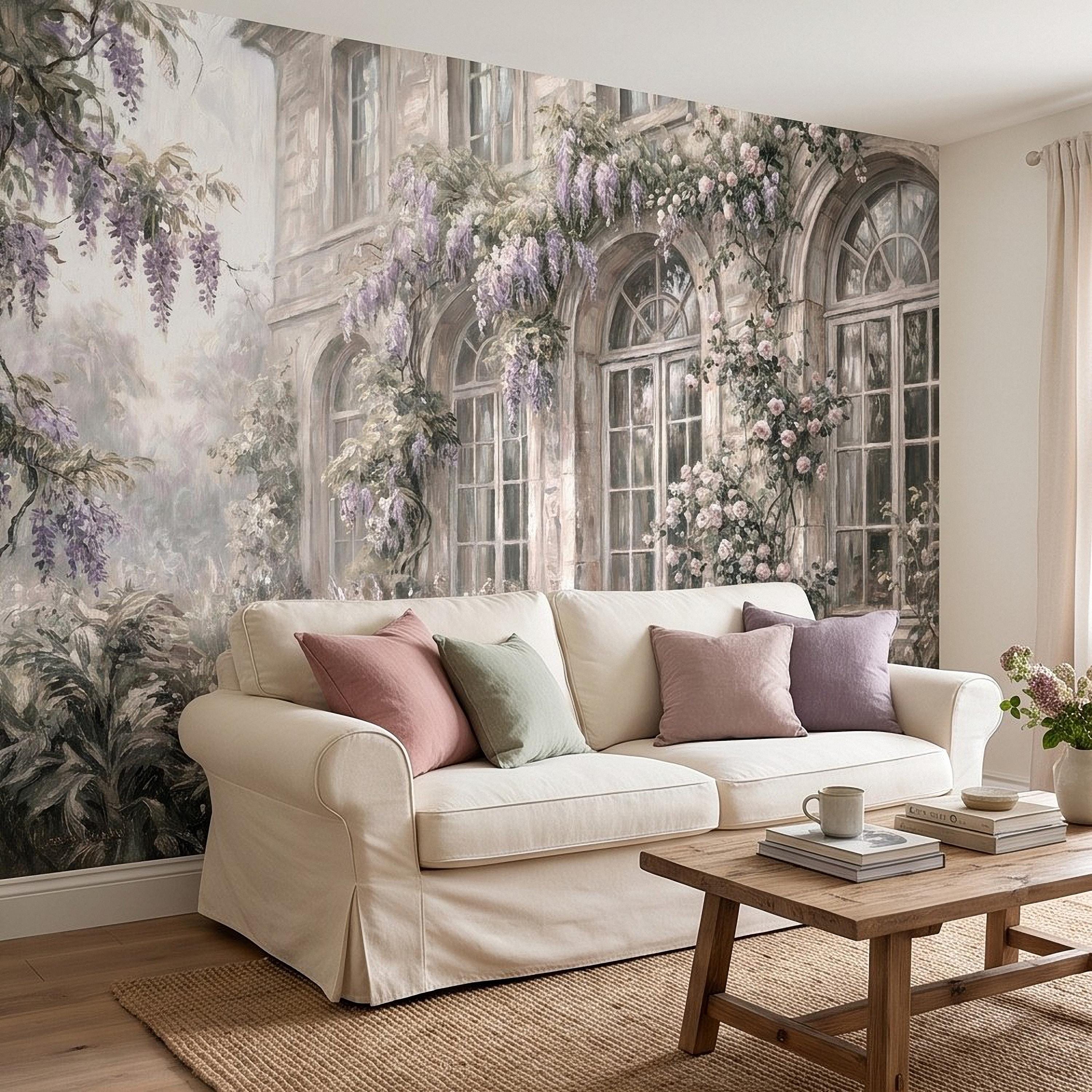 Vintage Wisteria Blooming Stone Facade Peel and Stick Wall Mural, Arched French Windows, Climbing Roses Wallpaper
