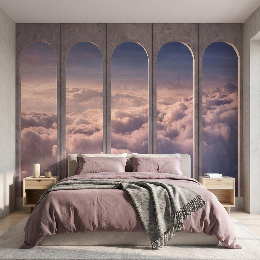 Arched Window Clouds Peel and Stick Wall Mural, Dreamy Sky View Through Stone Arch Modern Luxury Wallpaper