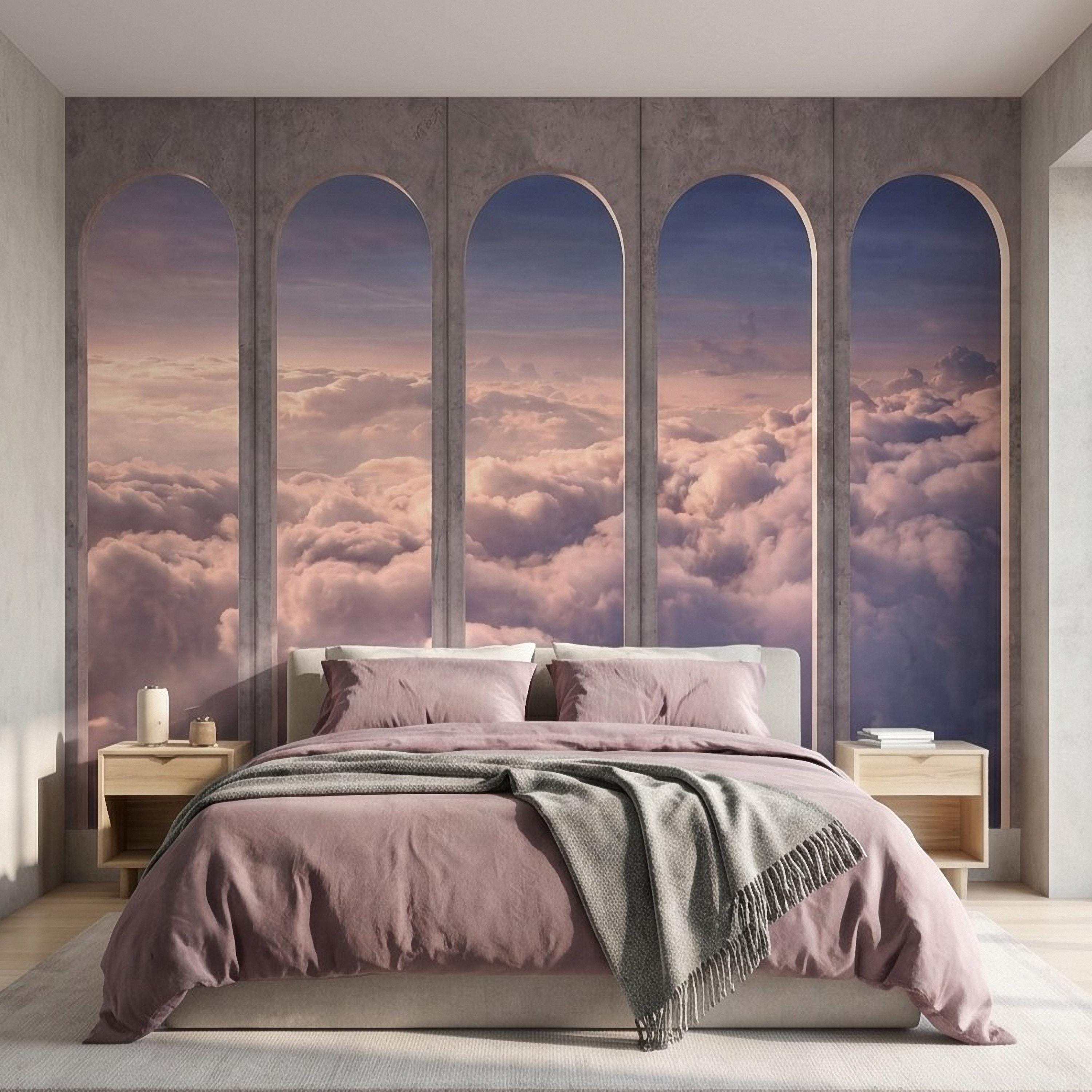 Arched Window Clouds Peel and Stick Wall Mural, Dreamy Sky View Through Stone Arch Modern Luxury Wallpaper