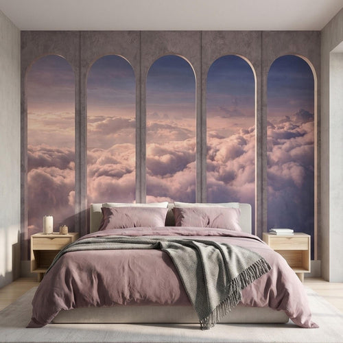 Arched stone window cloud sky wall mural with tall arches and dreamy sunset clouds