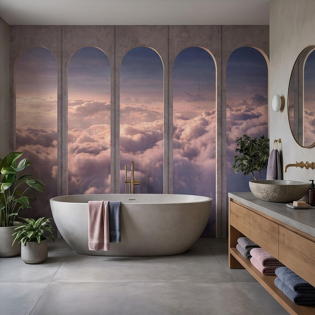 Arched Window Clouds Peel and Stick Wall Mural, Dreamy Sky View Through Stone Arch Modern Luxury Wallpaper