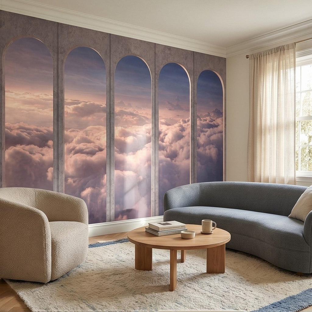Arched Window Clouds Peel and Stick Wall Mural, Dreamy Sky View Through Stone Arch Modern Luxury Wallpaper