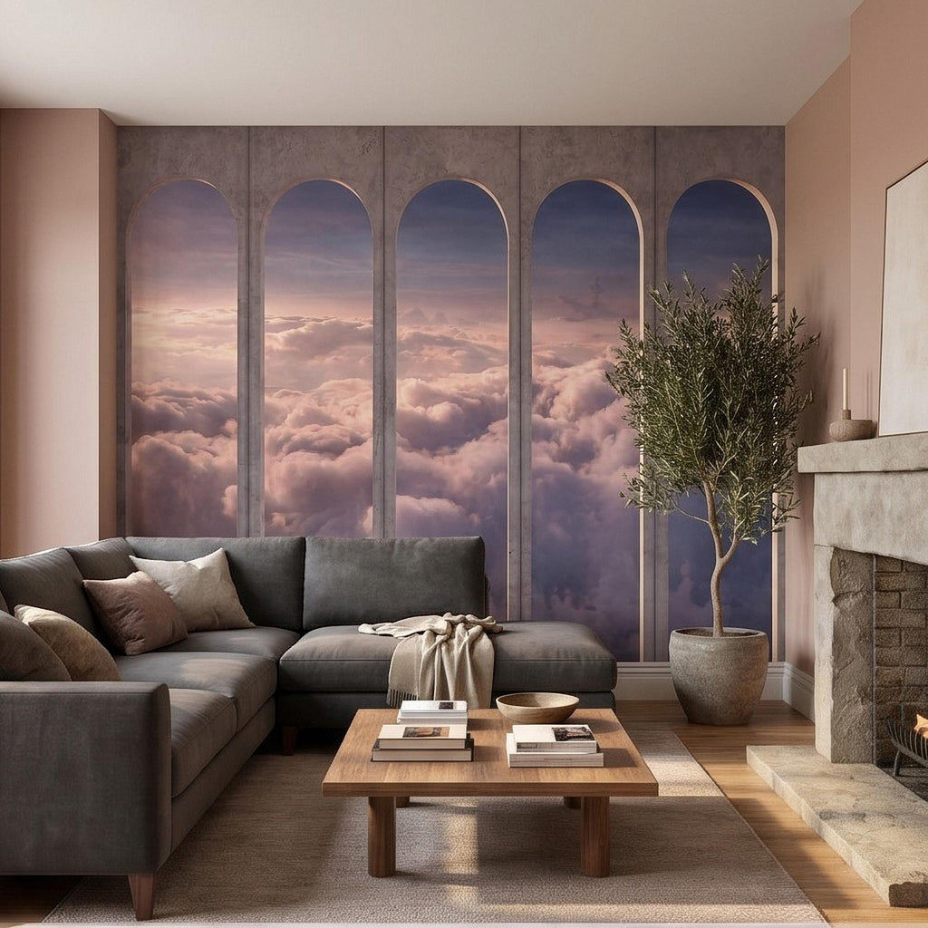 Arched Window Clouds Peel and Stick Wall Mural, Dreamy Sky View Through Stone Arch Modern Luxury Wallpaper