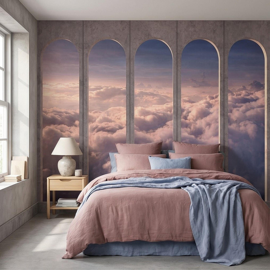 Arched Window Clouds Peel and Stick Wall Mural, Dreamy Sky View Through Stone Arch Modern Luxury Wallpaper