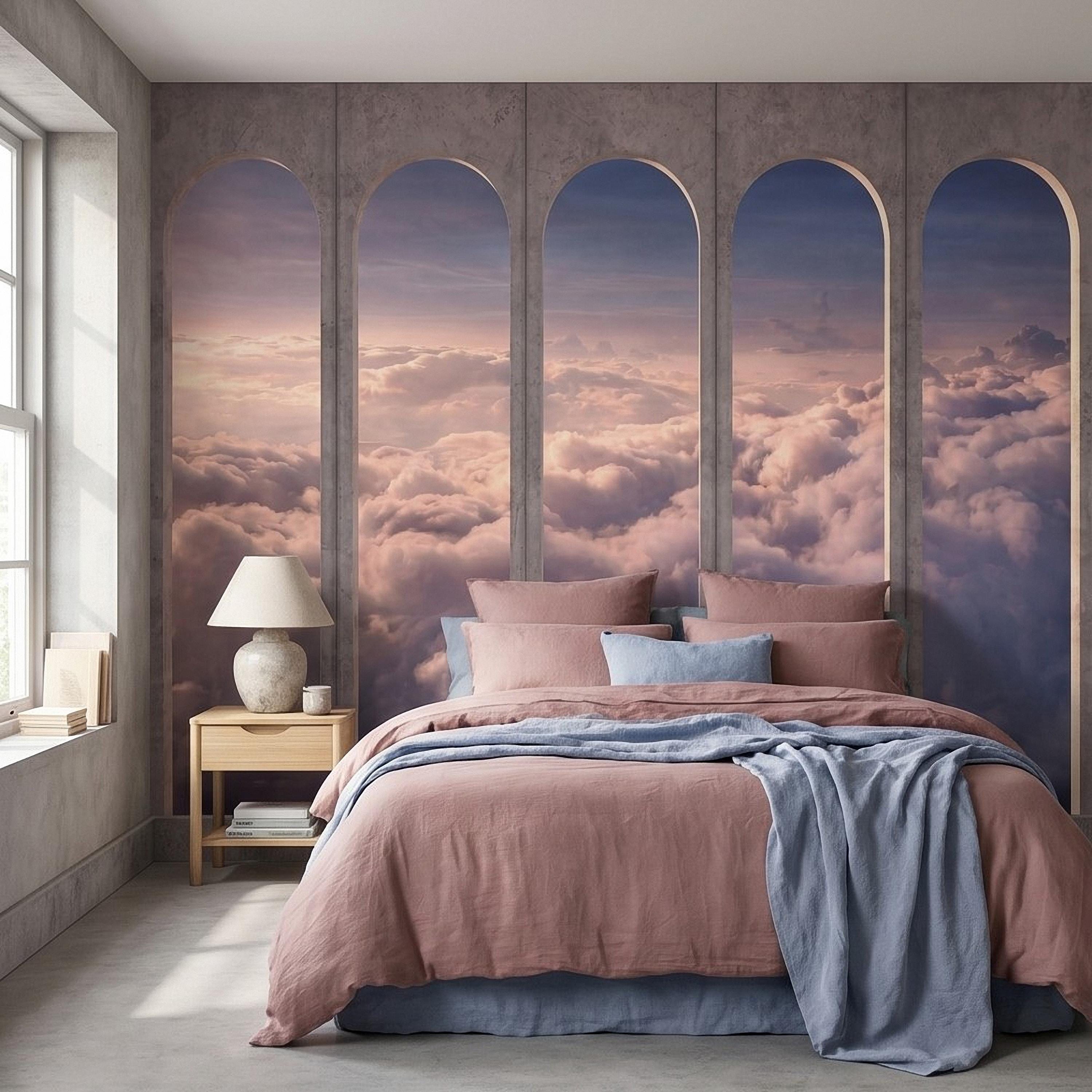 Arched Window Clouds Peel and Stick Wall Mural, Dreamy Sky View Through Stone Arch Modern Luxury Wallpaper