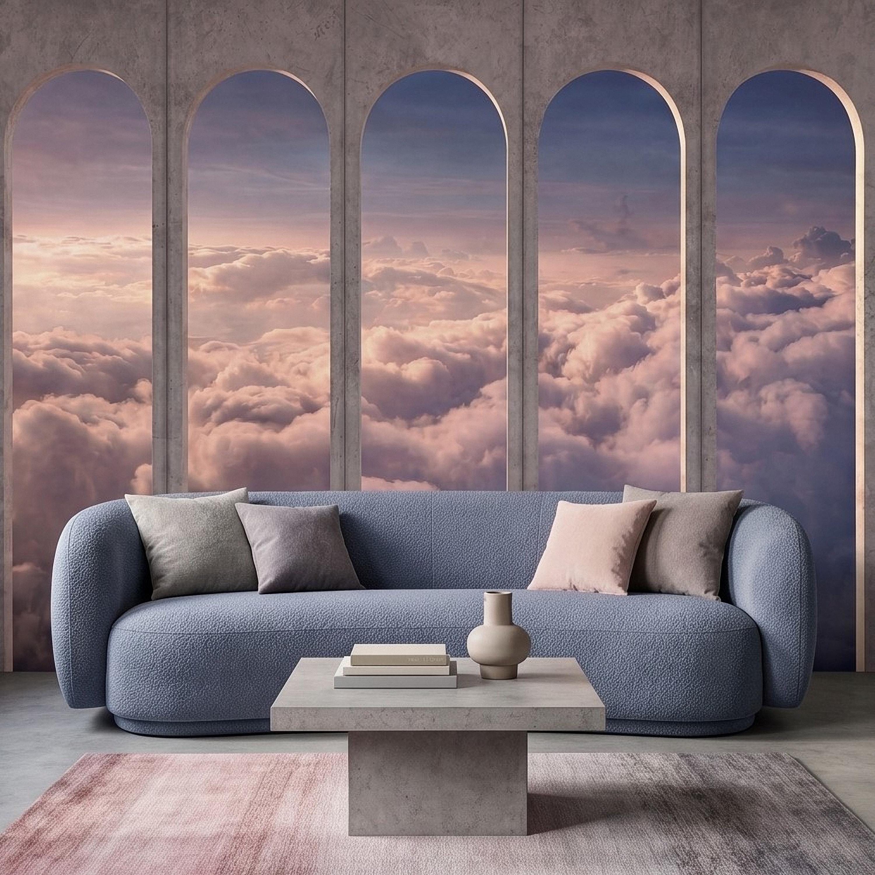 Arched Window Clouds Peel and Stick Wall Mural, Dreamy Sky View Through Stone Arch Modern Luxury Wallpaper