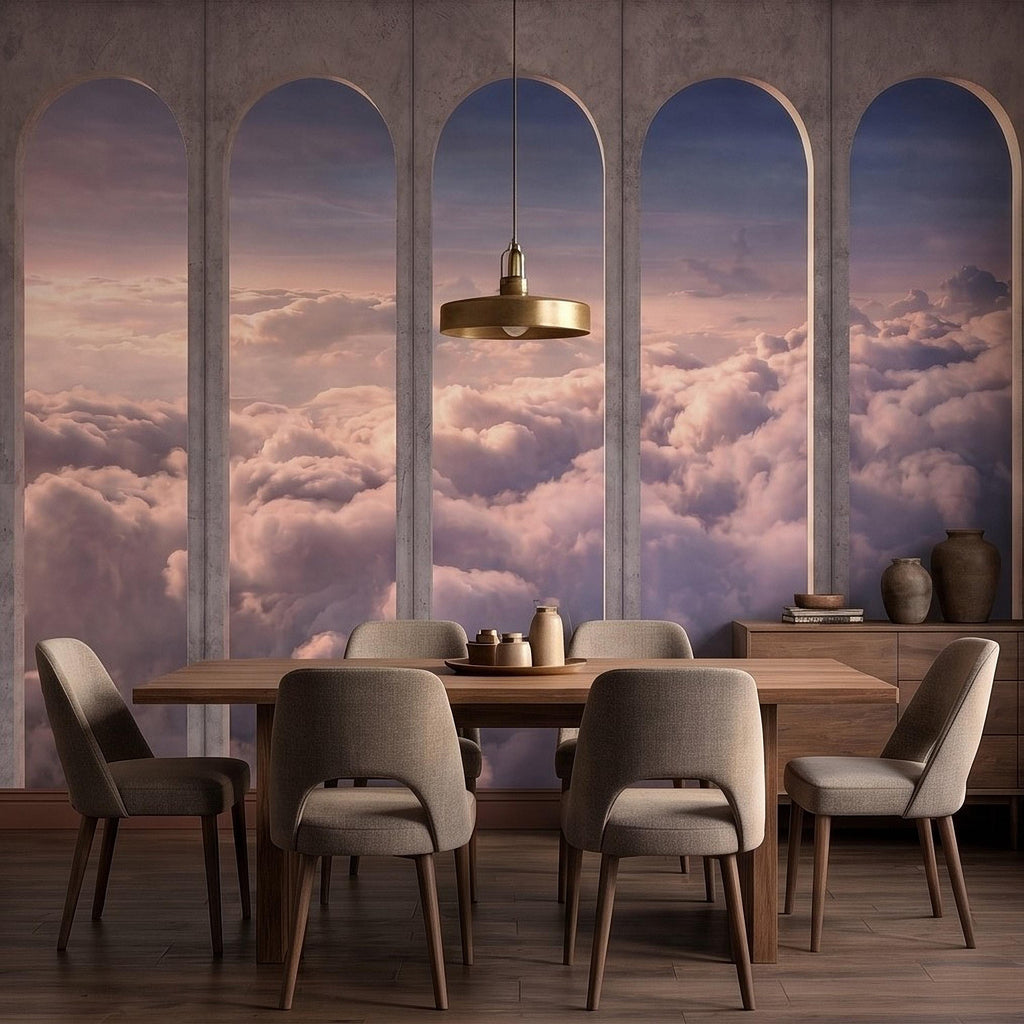 Arched Window Clouds Peel and Stick Wall Mural, Dreamy Sky View Through Stone Arch Modern Luxury Wallpaper
