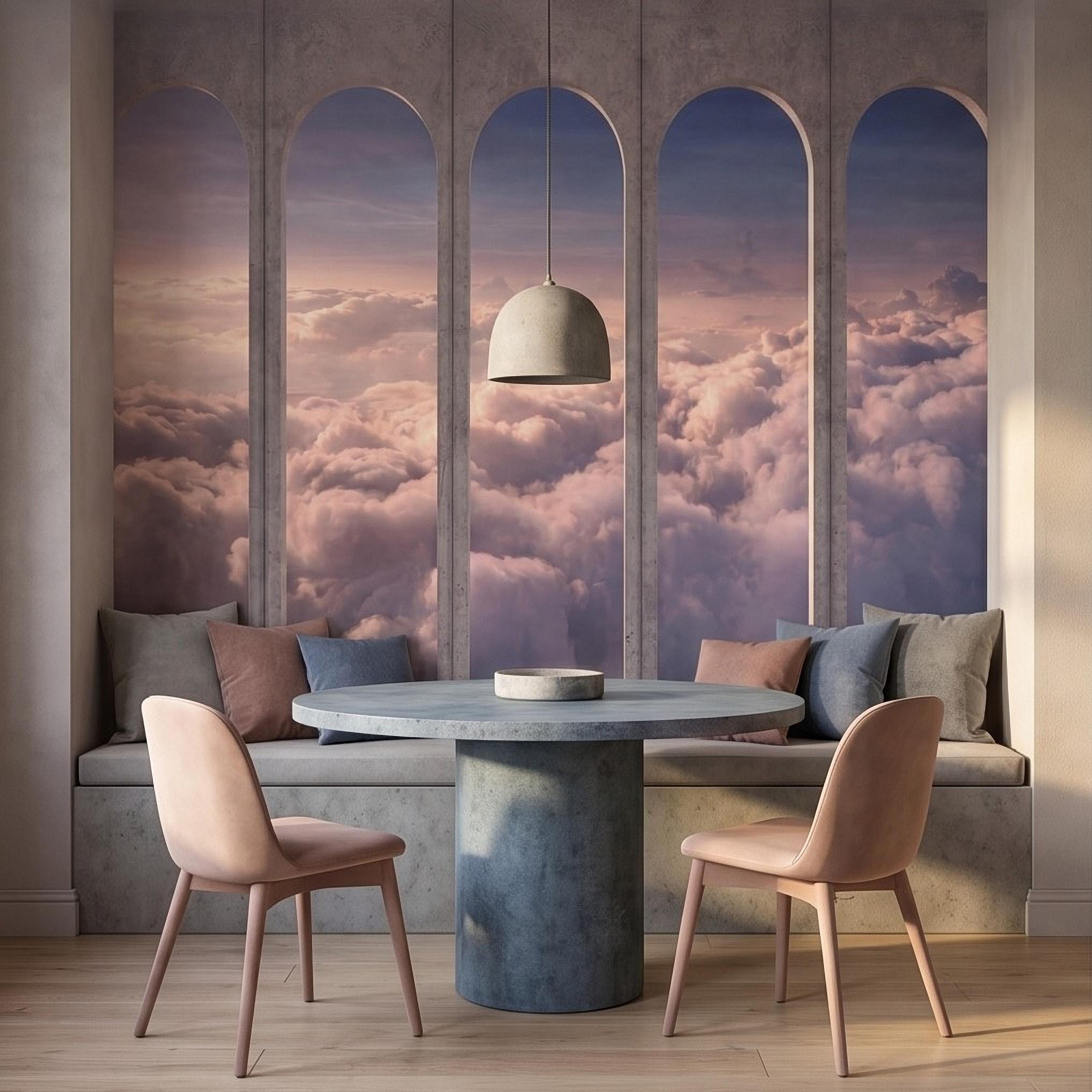 Arched Window Clouds Peel and Stick Wall Mural, Dreamy Sky View Through Stone Arch Modern Luxury Wallpaper