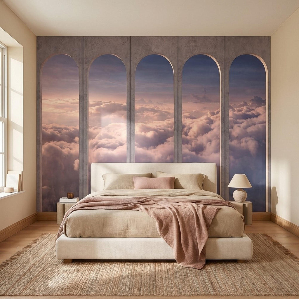 Arched Window Clouds Peel and Stick Wall Mural, Dreamy Sky View Through Stone Arch Modern Luxury Wallpaper