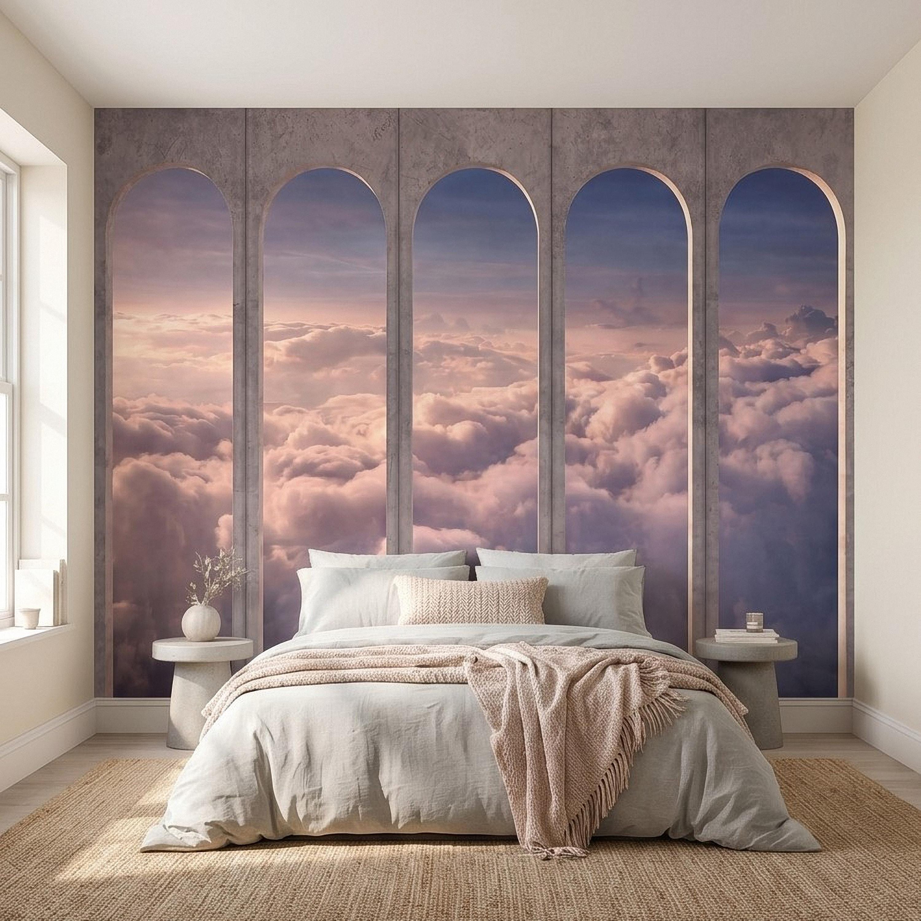 Arched Window Clouds Peel and Stick Wall Mural, Dreamy Sky View Through Stone Arch Modern Luxury Wallpaper