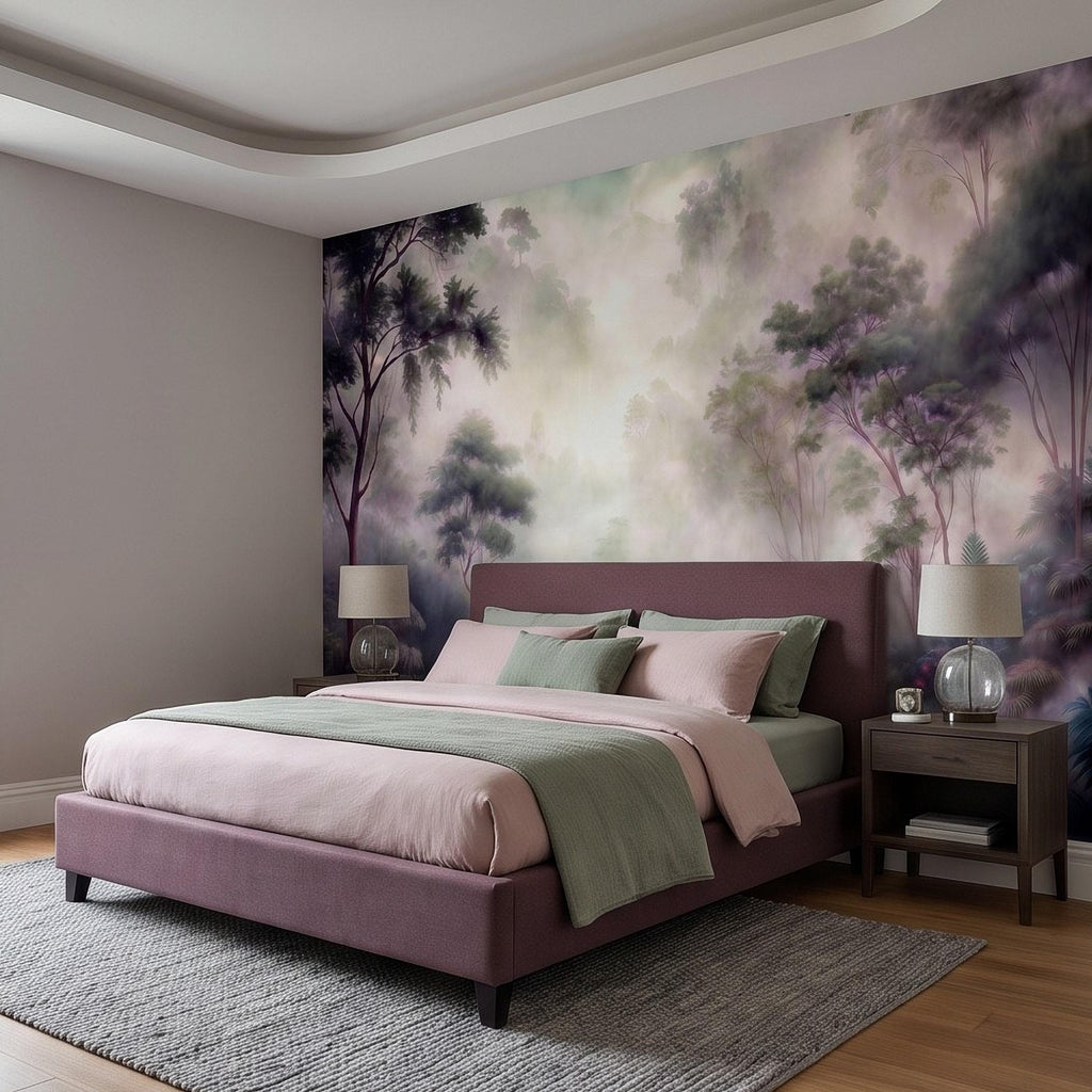 Misty Rainforest Peel and Stick Wall Mural, Tropical Jungle Landscape, Foggy Forest River, Lush Nature Wallpaper