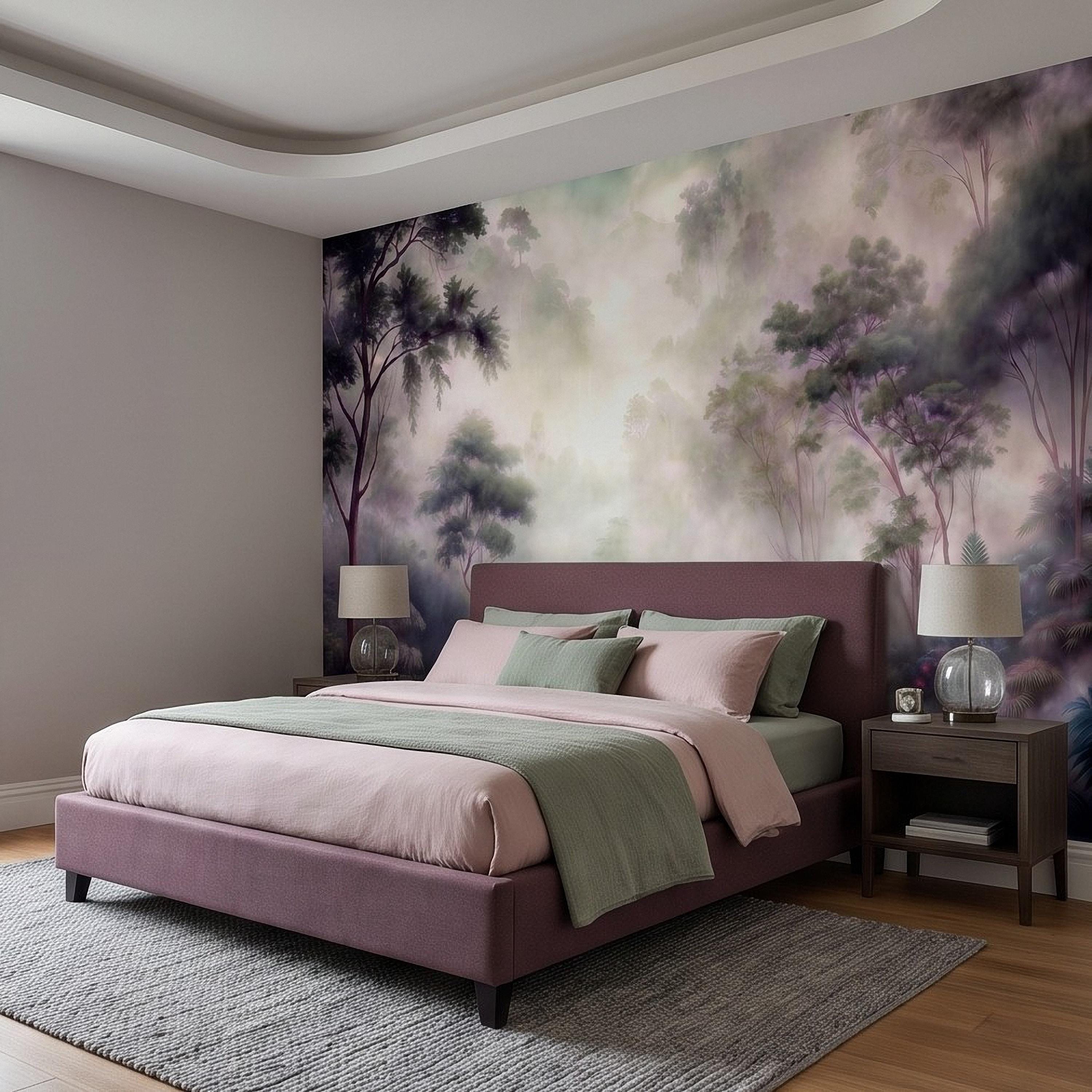 Misty Rainforest Peel and Stick Wall Mural, Tropical Jungle Landscape, Foggy Forest River, Lush Nature Wallpaper