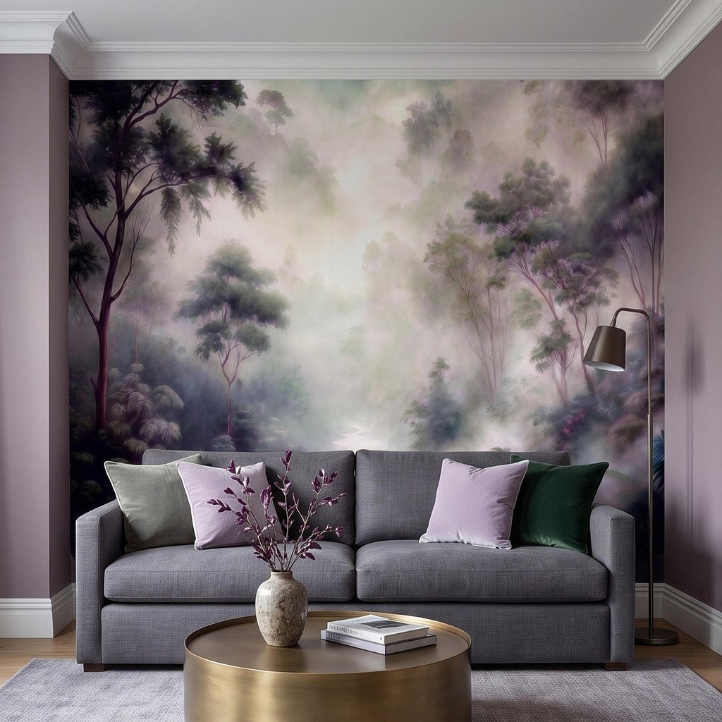 Misty Rainforest Peel and Stick Wall Mural, Tropical Jungle Landscape, Foggy Forest River, Lush Nature Wallpaper