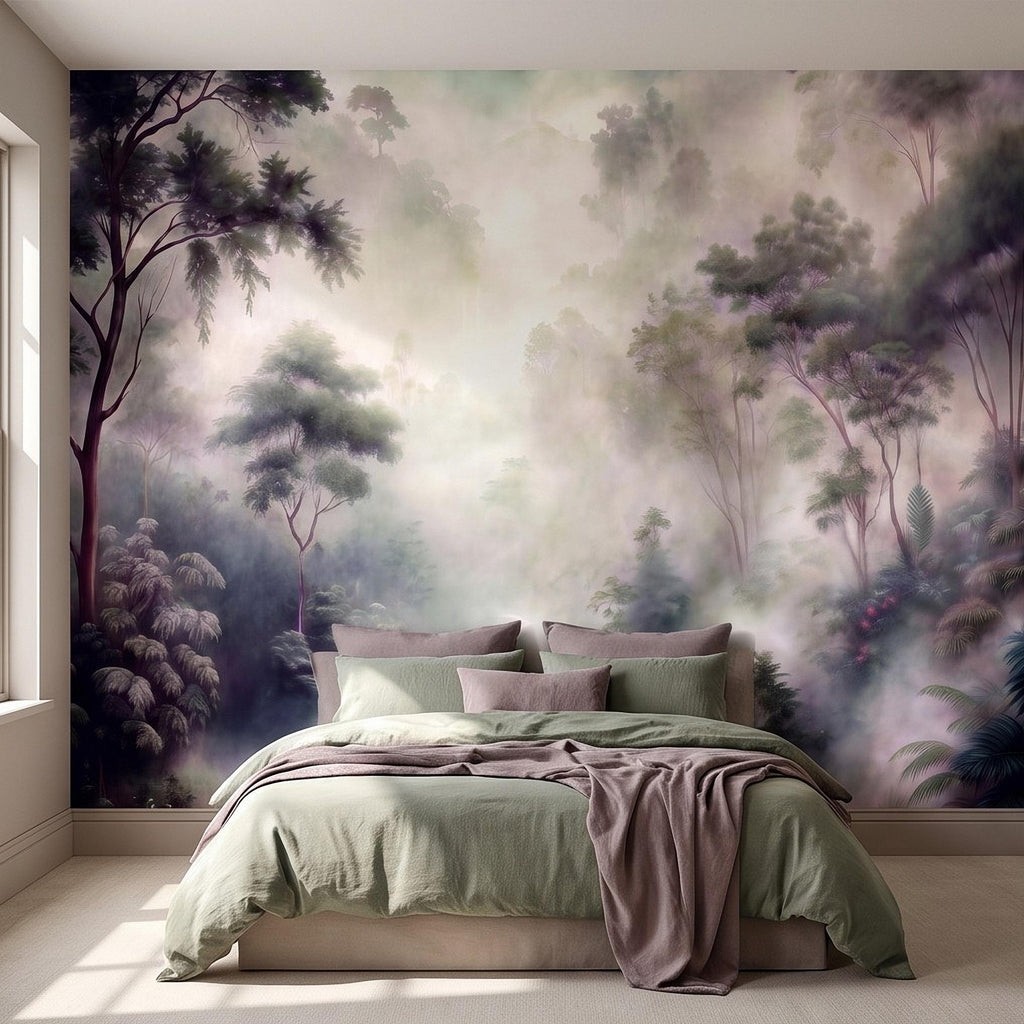 Misty Rainforest Peel and Stick Wall Mural, Tropical Jungle Landscape, Foggy Forest River, Lush Nature Wallpaper