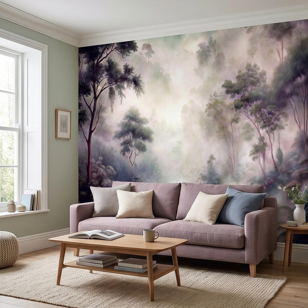 Misty Rainforest Peel and Stick Wall Mural, Tropical Jungle Landscape, Foggy Forest River, Lush Nature Wallpaper
