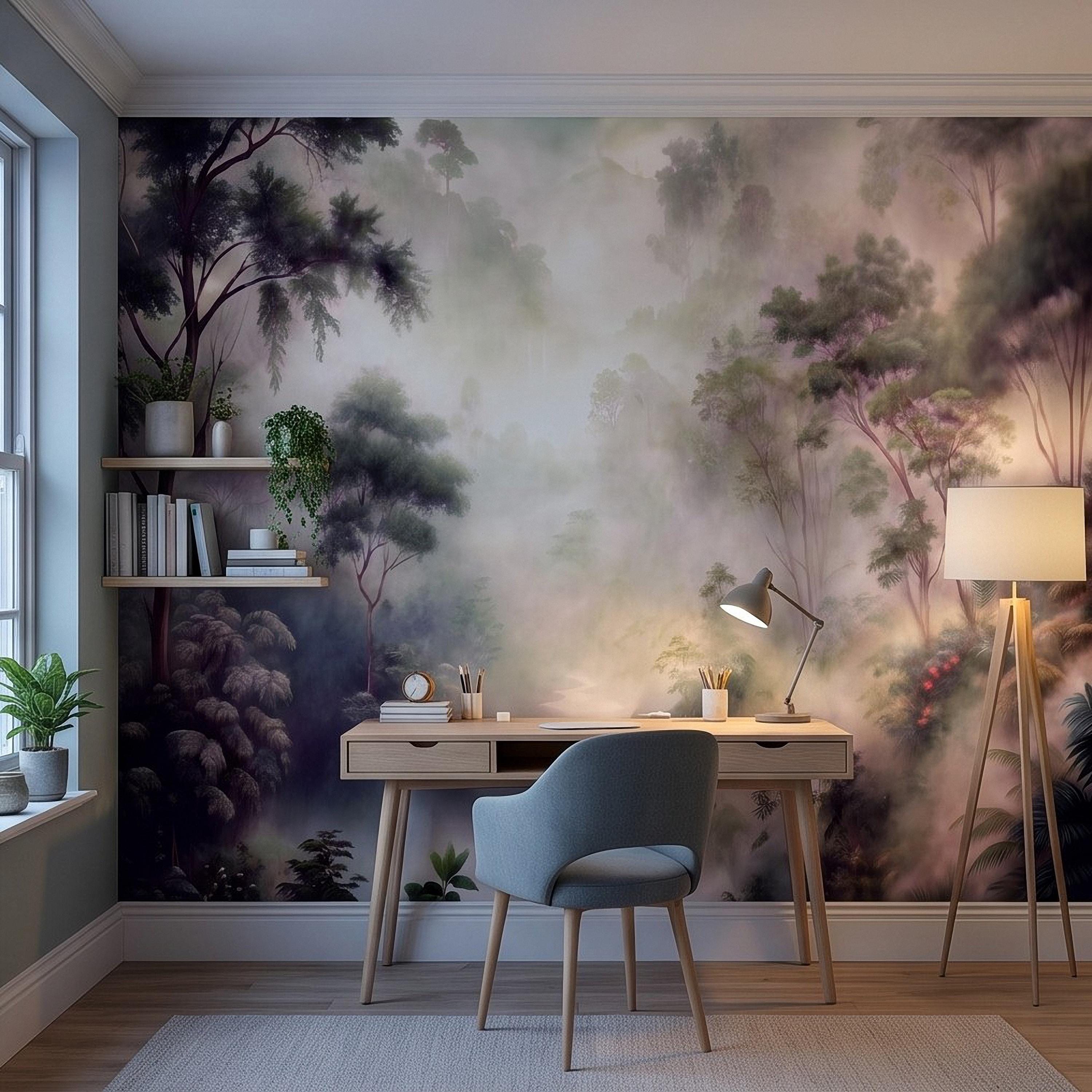 Misty Rainforest Peel and Stick Wall Mural, Tropical Jungle Landscape, Foggy Forest River, Lush Nature Wallpaper