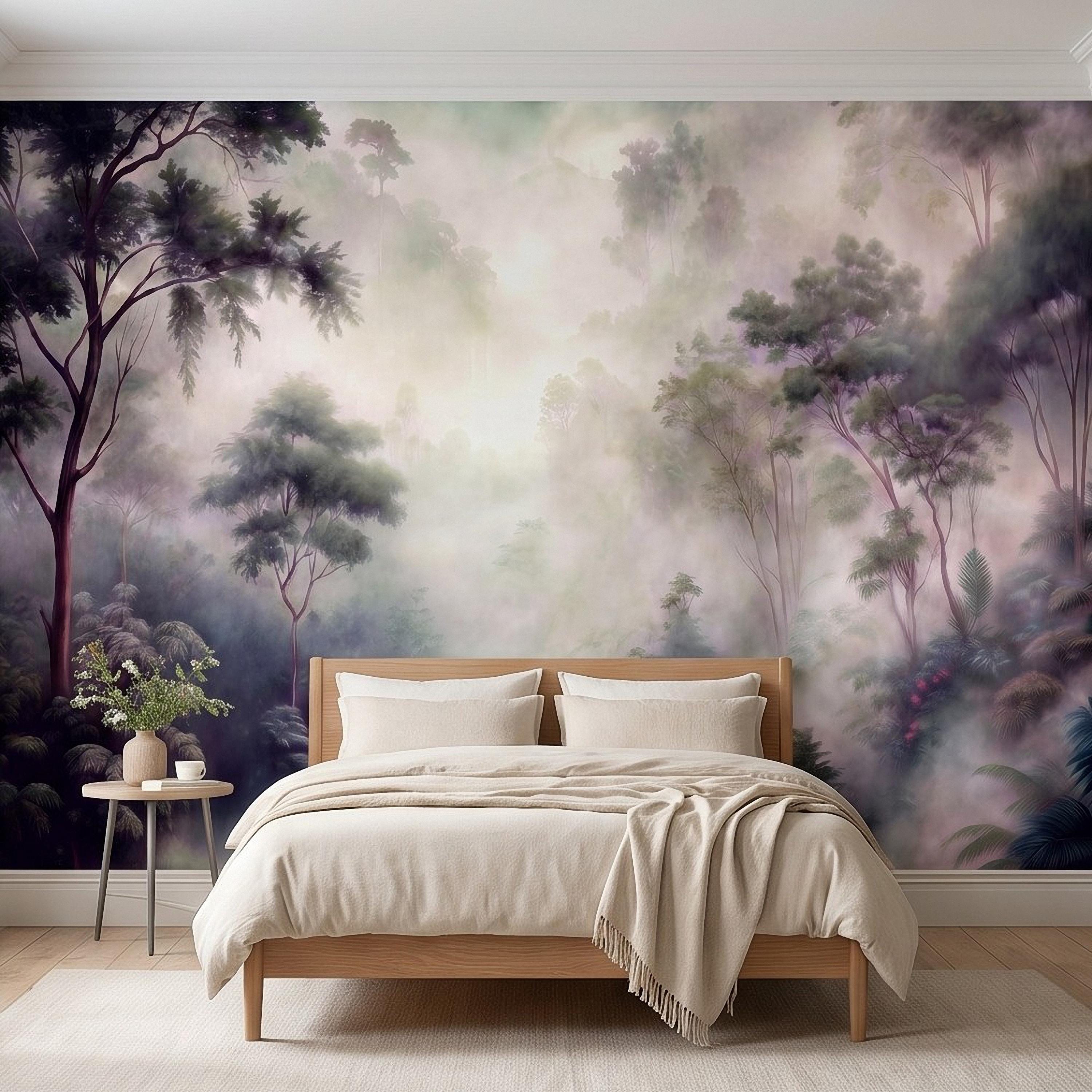 Misty Rainforest Peel and Stick Wall Mural, Tropical Jungle Landscape, Foggy Forest River, Lush Nature Wallpaper
