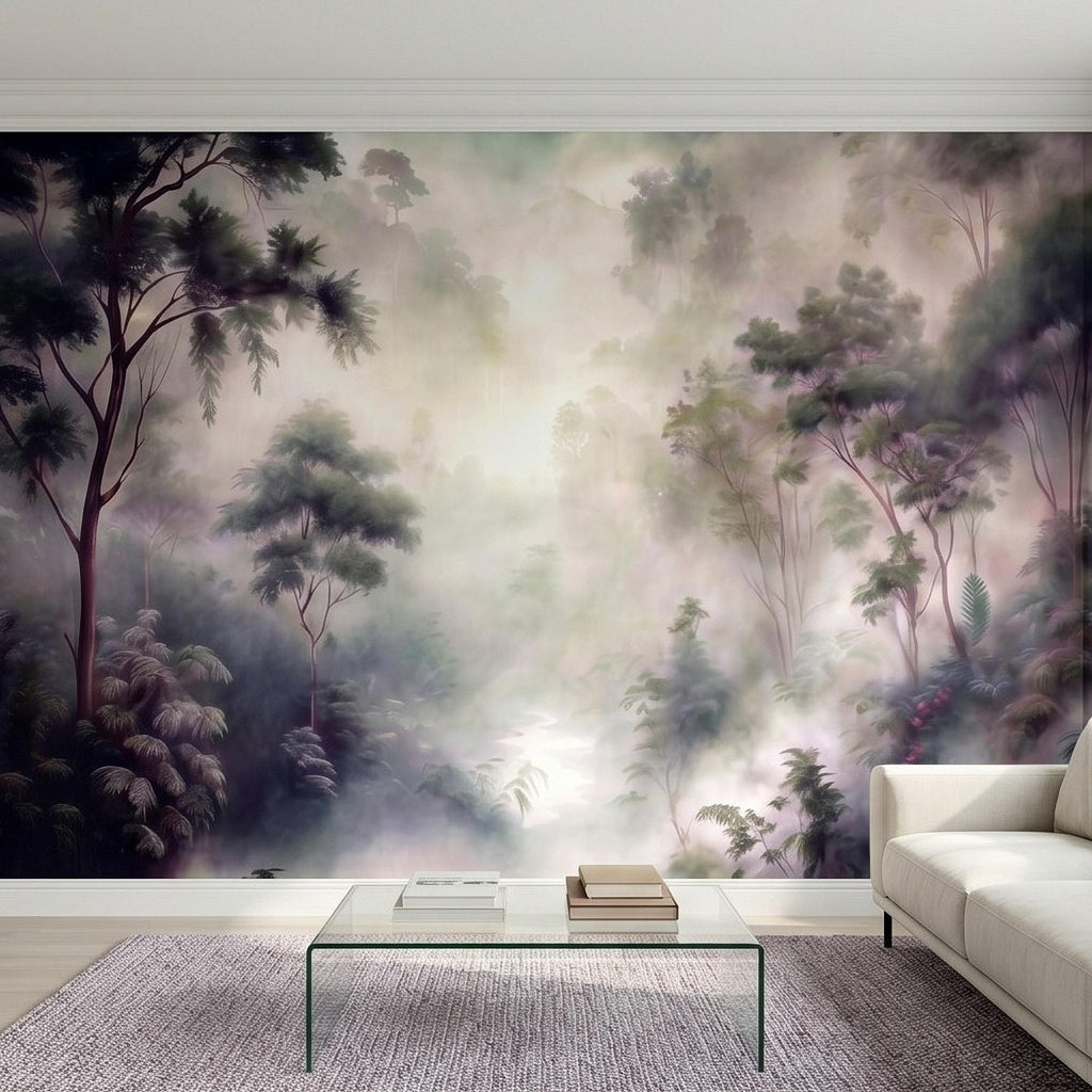 Misty Rainforest Peel and Stick Wall Mural, Tropical Jungle Landscape, Foggy Forest River, Lush Nature Wallpaper