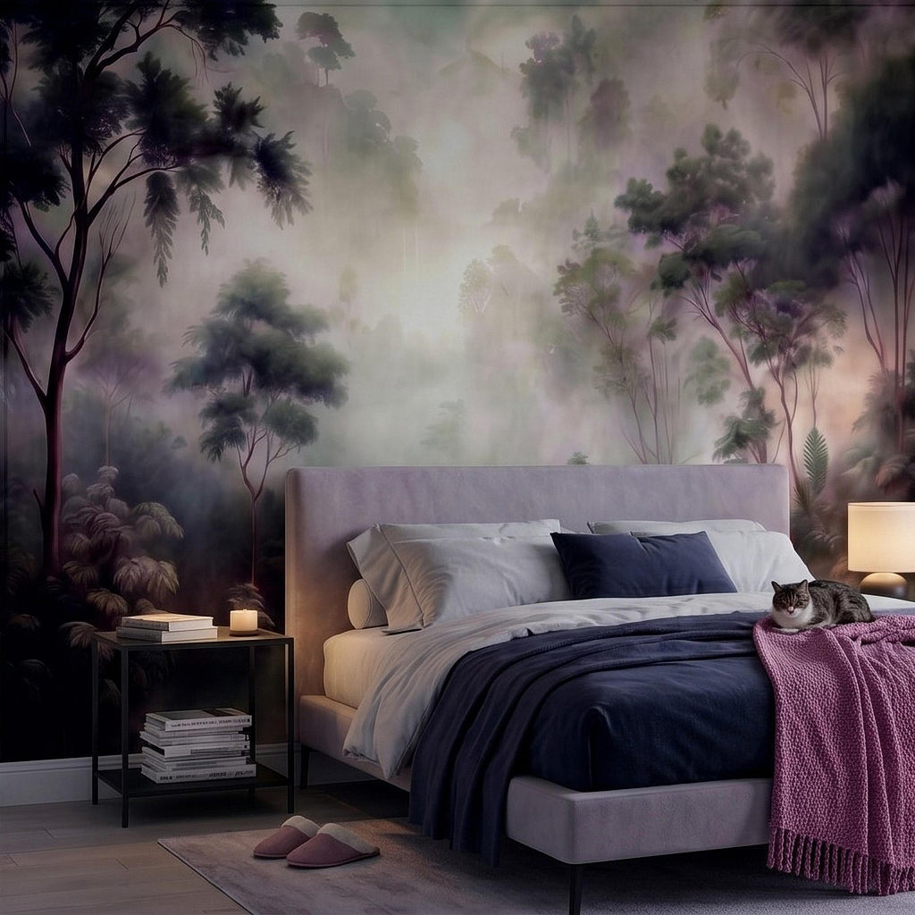 Misty Rainforest Peel and Stick Wall Mural, Tropical Jungle Landscape, Foggy Forest River, Lush Nature Wallpaper