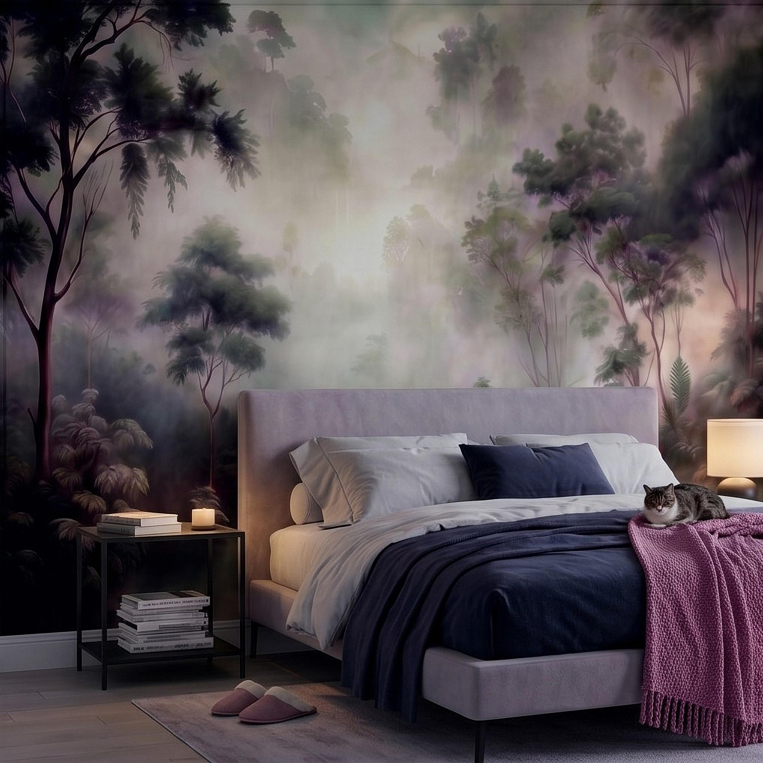 Misty Rainforest Peel and Stick Wall Mural, Tropical Jungle Landscape, Foggy Forest River, Lush Nature Wallpaper