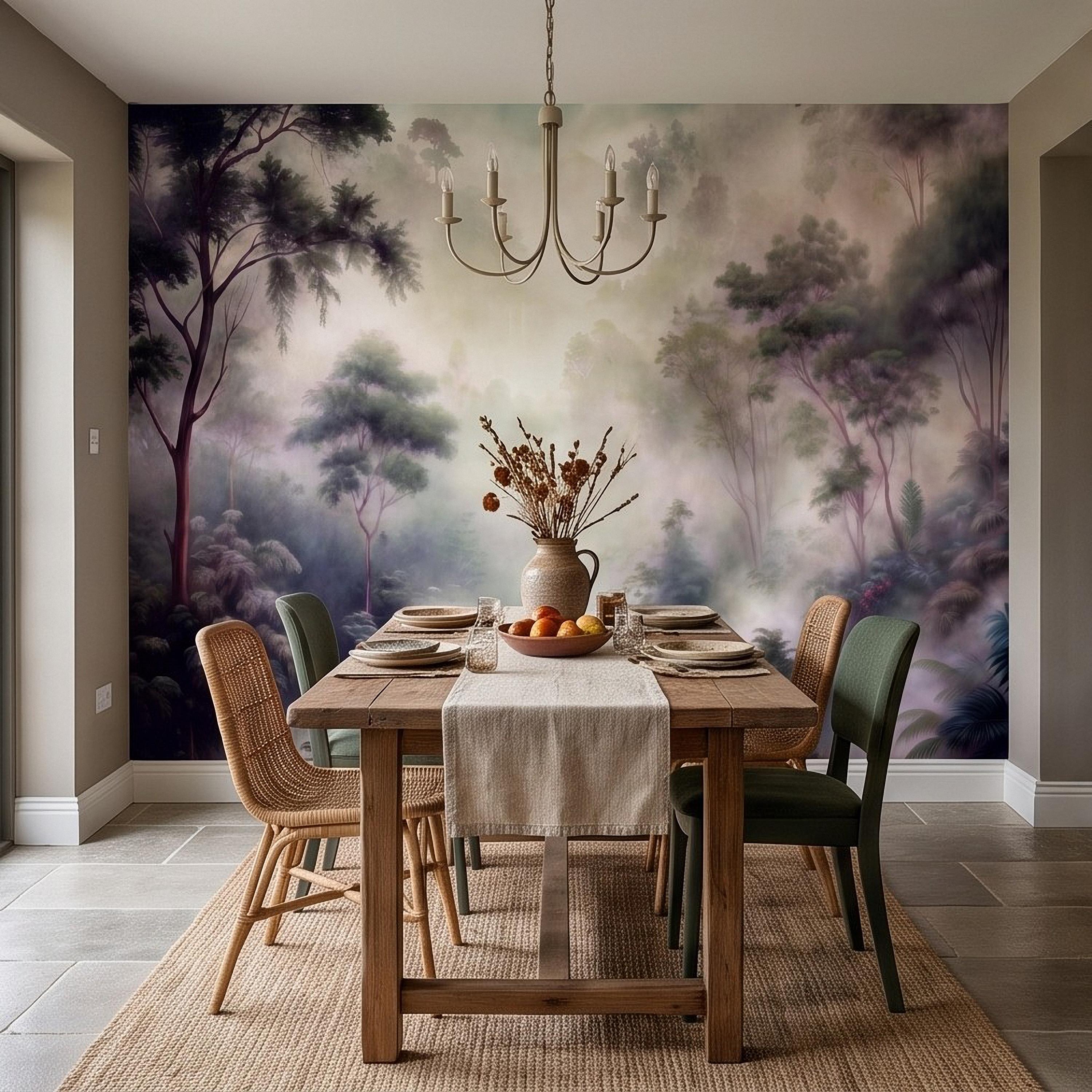 Misty Rainforest Peel and Stick Wall Mural, Tropical Jungle Landscape, Foggy Forest River, Lush Nature Wallpaper